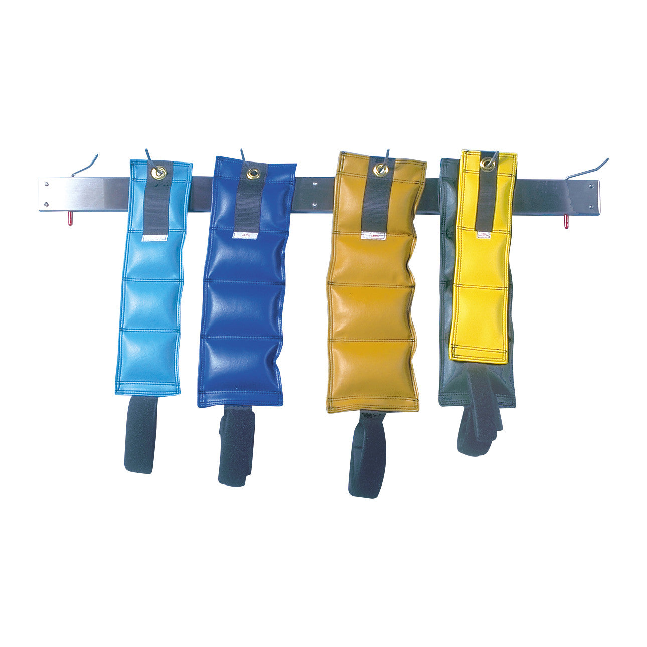 Stainless Steel Wall-Mounted Cuff Weight Rack with four colored weighted cuffs hanging, featuring blue and yellow weights.