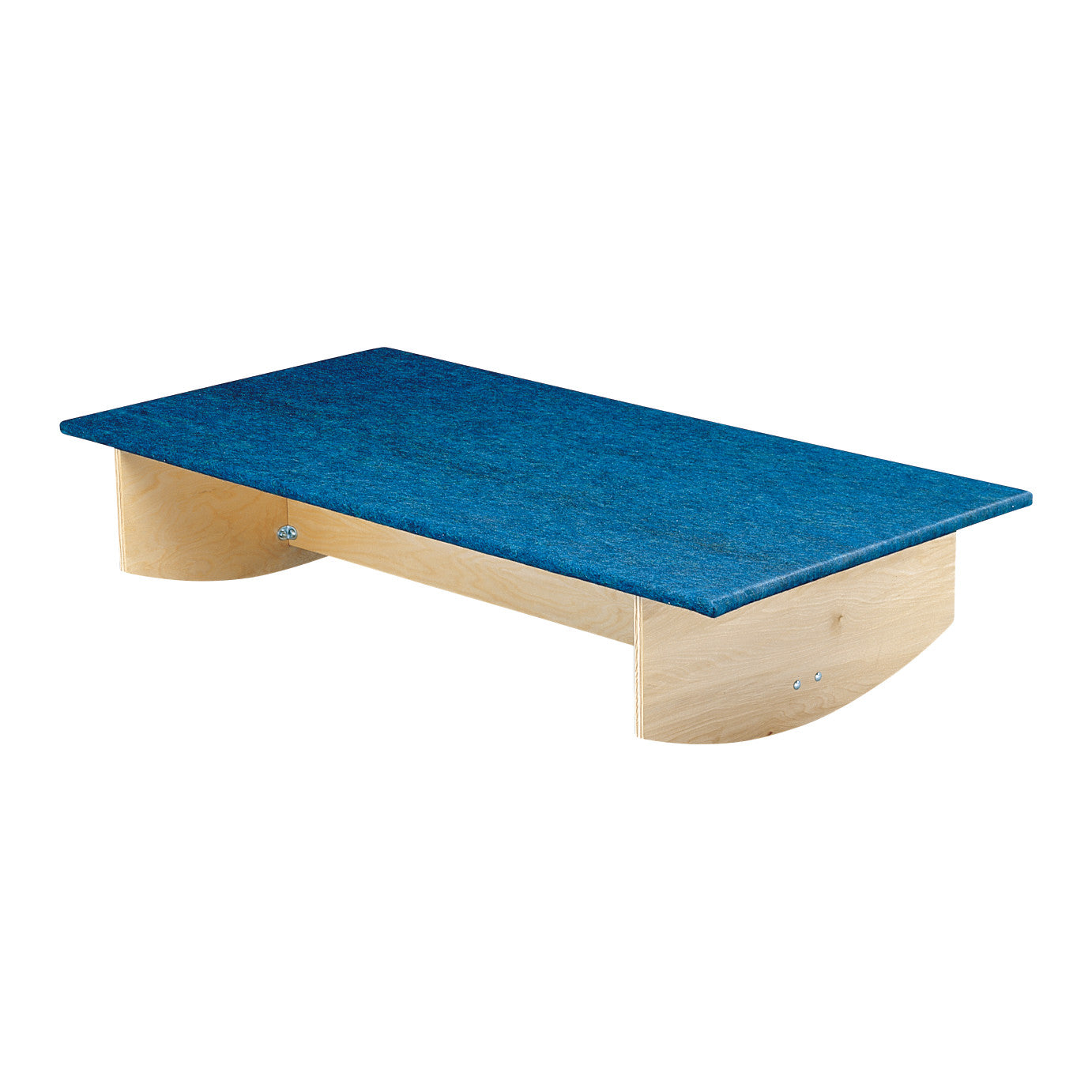 Bailey Front-to-Back Vestibular Board with a blue carpeted surface mounted on curved wooden legs for balance training.