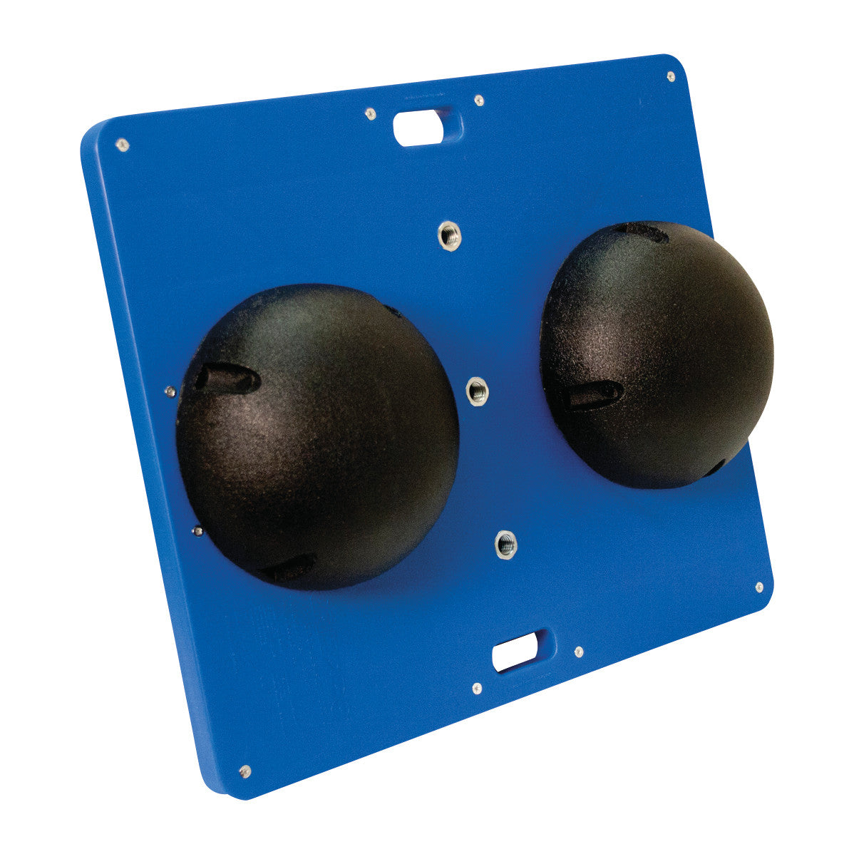 The CanDo Rectangular Balance Board features a blue base with two black hemisphere-shaped balance areas for stability exercises.