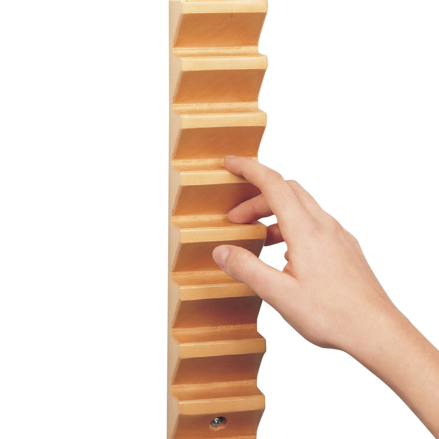 An adult hand uses the Bailey Shoulder-Finger Ladder Exerciser, featuring tiered wooden steps for hand and shoulder exercises.