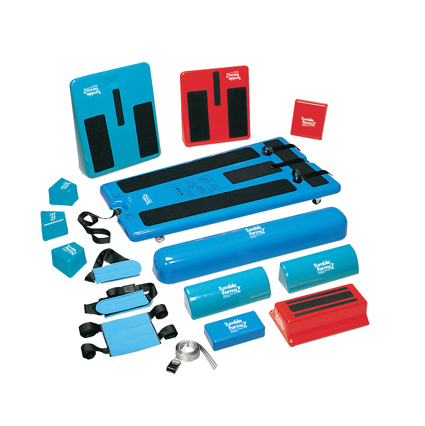 Tumble Forms2 Universal Grasshopper Positioning System, featuring blue and red support pads, rolls, and straps for therapy use.
