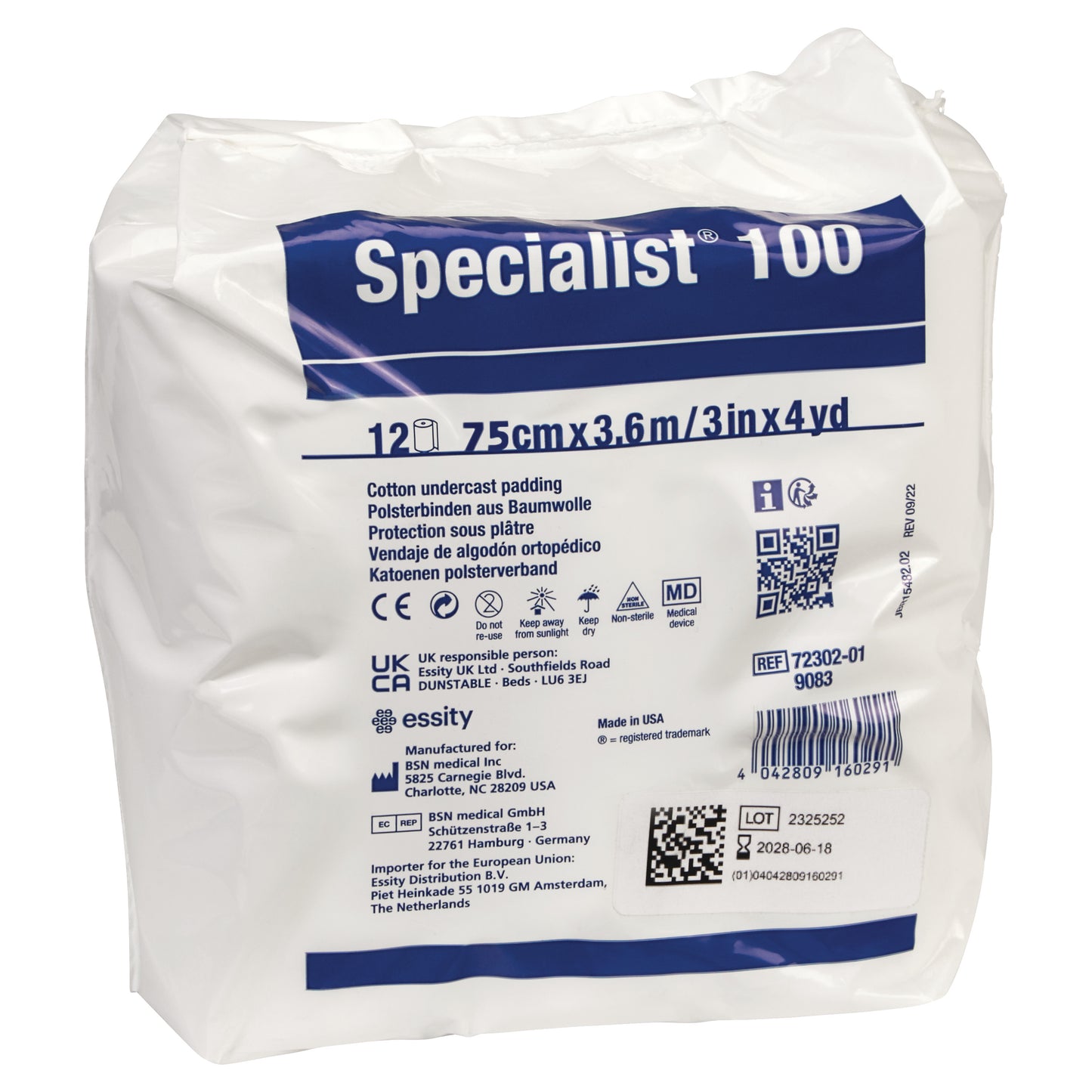Delta-Cast Specialist 100 Cotton Cast Padding package, marked as 12 rolls, 7.5cm x 3.6m, includes medical device symbols and QR codes.