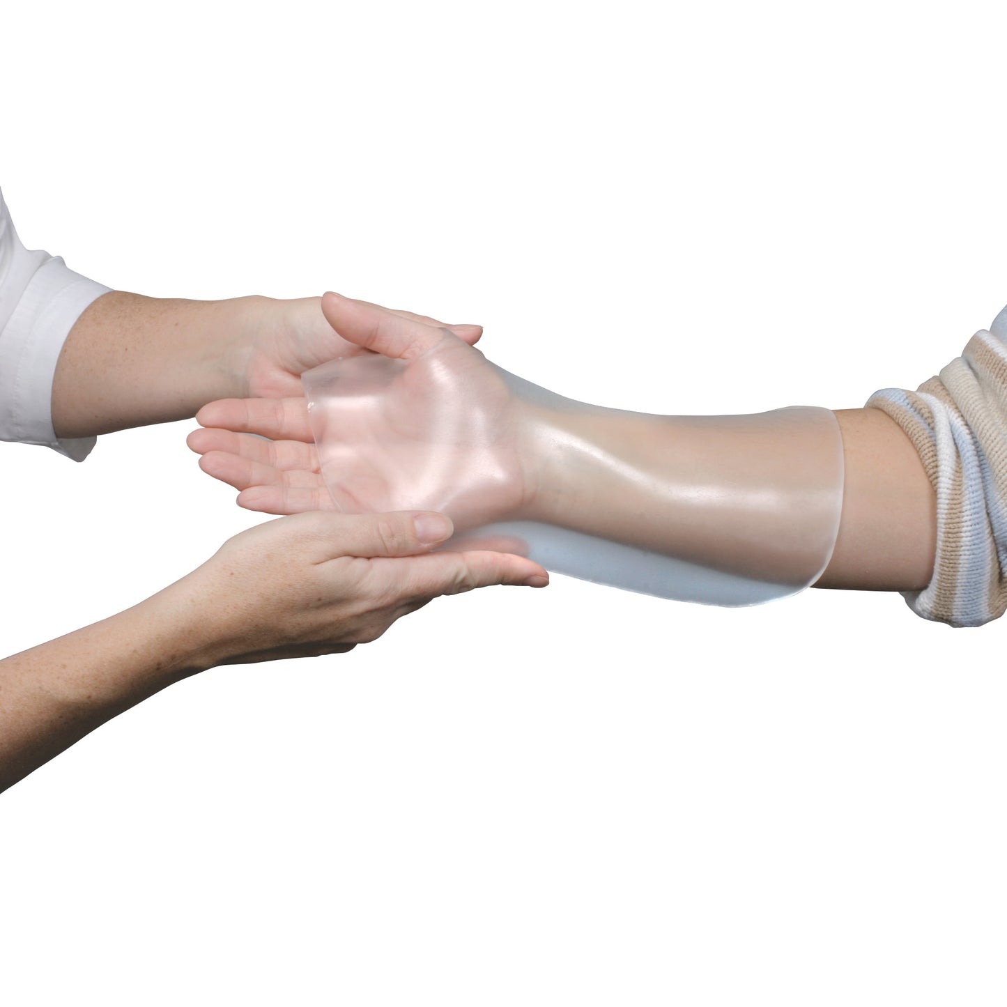 Two hands hold the AliMed Multiform Clear Thermoplastic Splinting Material, demonstrating its transparency and flexibility.