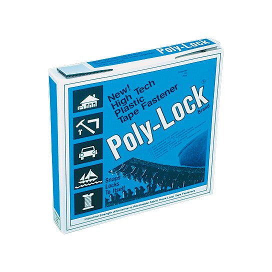 Box of Poly-Lock Plastic Tape Fastener with icons showing various applications, labeled as a high-tech fastening solution.