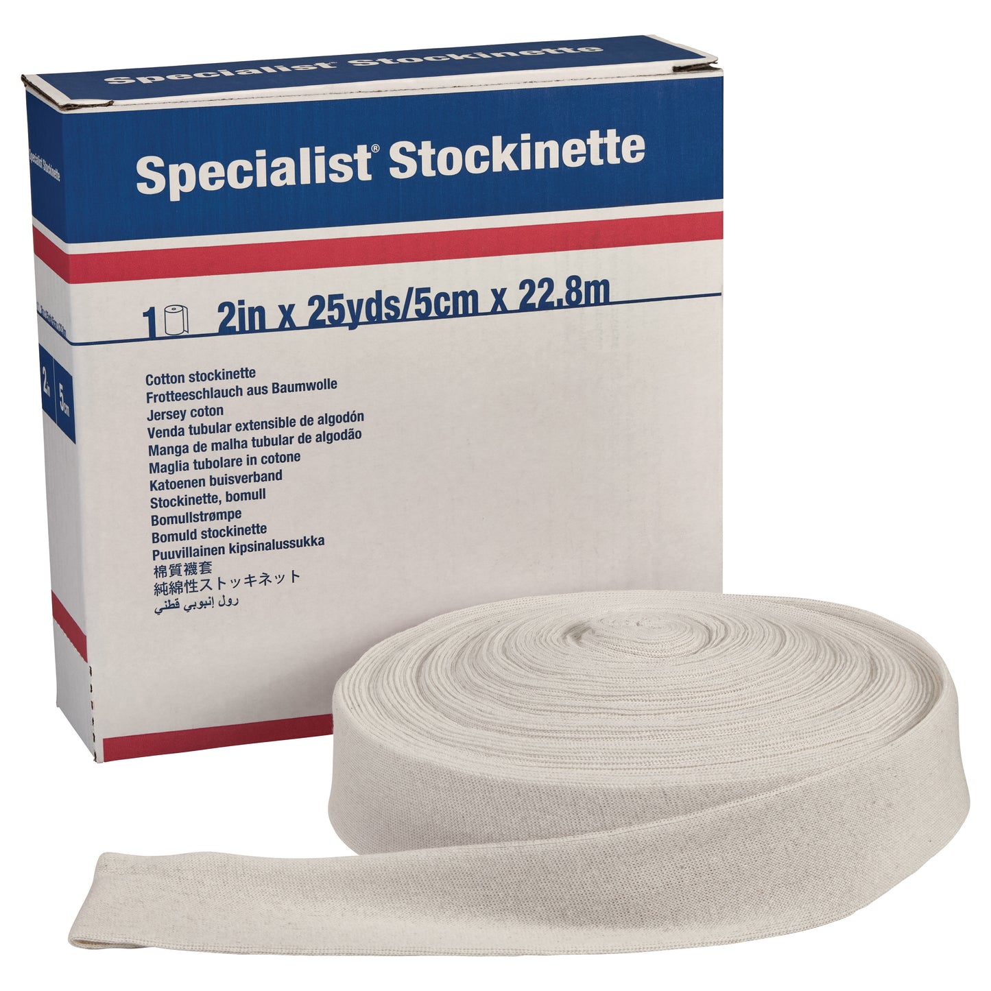 Delta-Cast Specialist Orthopedic Cotton Stockinette in a roll, measuring 2 inches by 25 yards, next to its packaging.