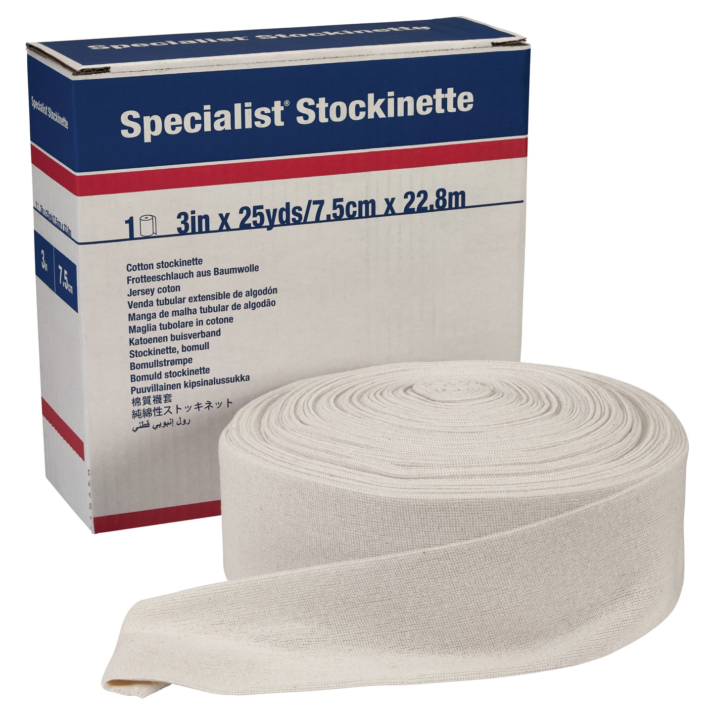 A roll of Delta-Cast Specialist Orthopedic Cotton Stockinette, 3 inches by 25 yards, next to its packaging box.