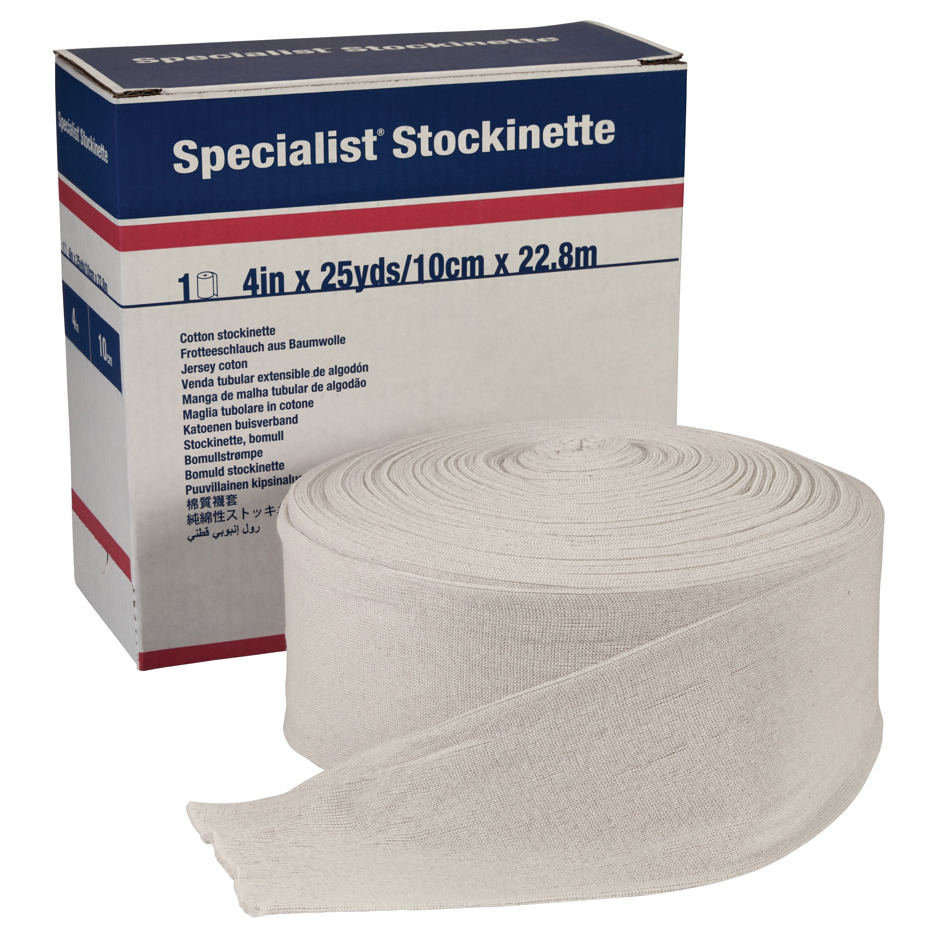 A roll of Delta-Cast Specialist Orthopedic Cotton Stockinette sits next to its packaging, which is labeled with size and product details.
