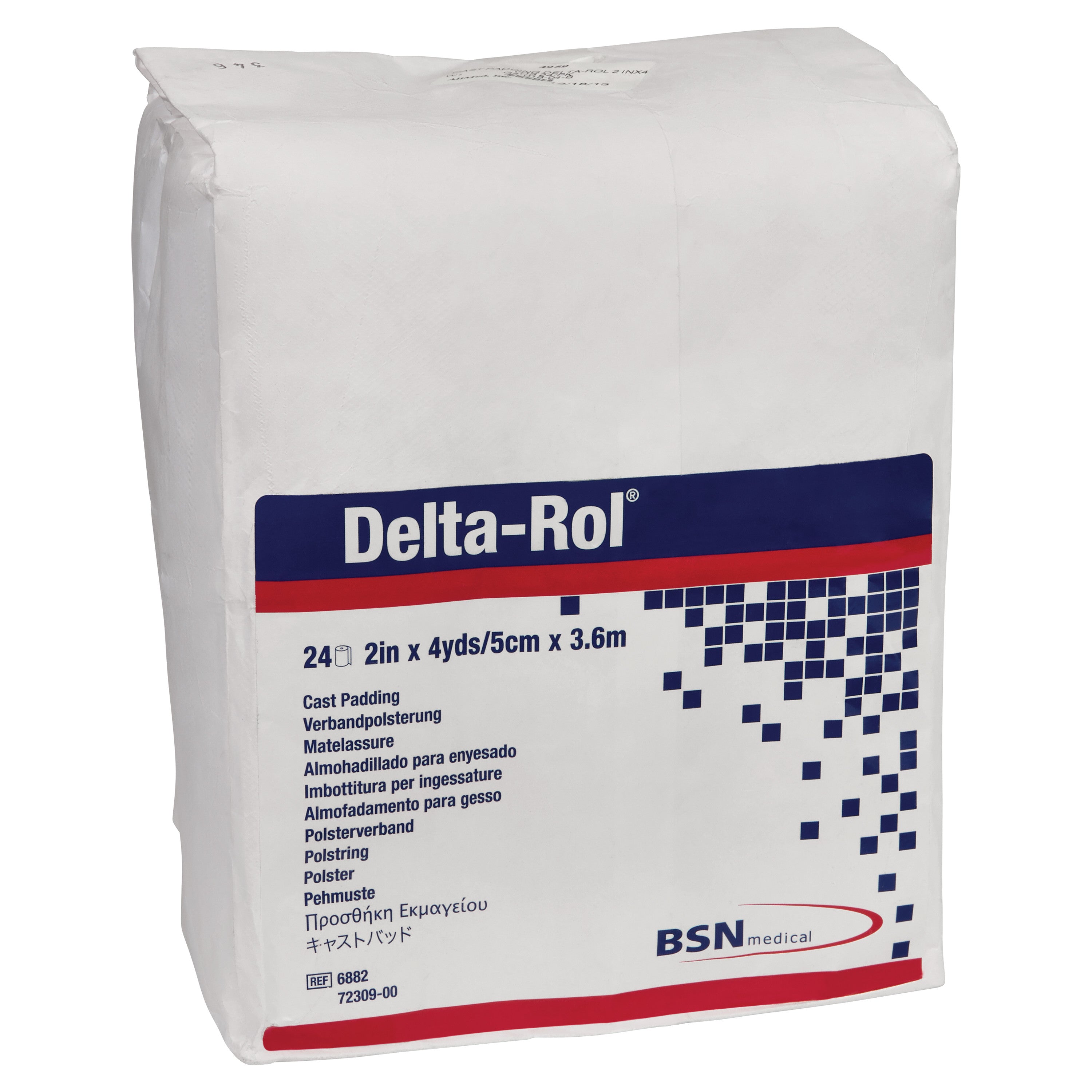 Package of Delta-Cast Delta-Rol Synthetic Cast Padding, 2in x 4yds, with multilingual text and a BSN medical logo.