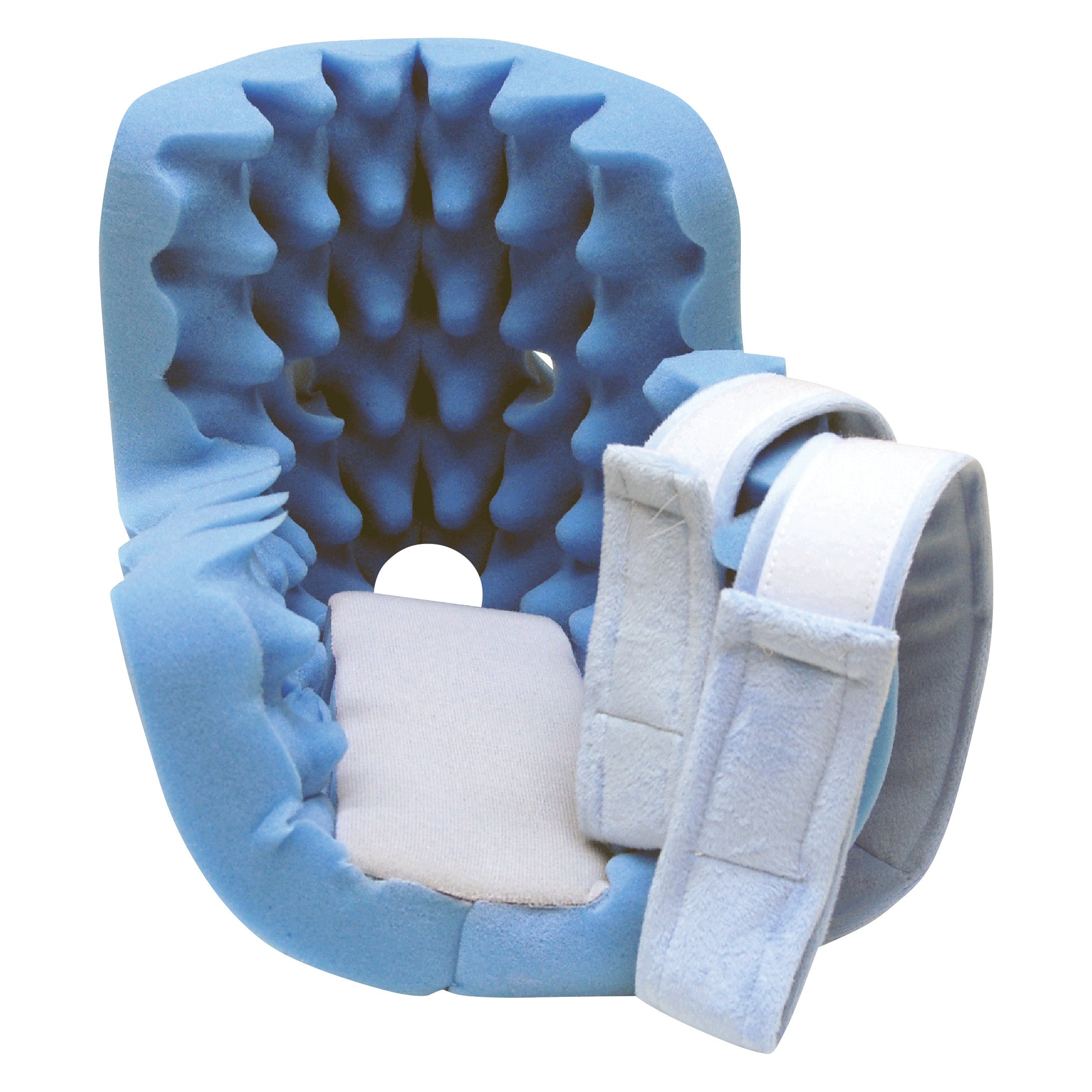 The SkiL-Care Foam Pressure-Relieving Heel Protector is a blue foam boot designed to prevent pressure sores on the heel.
