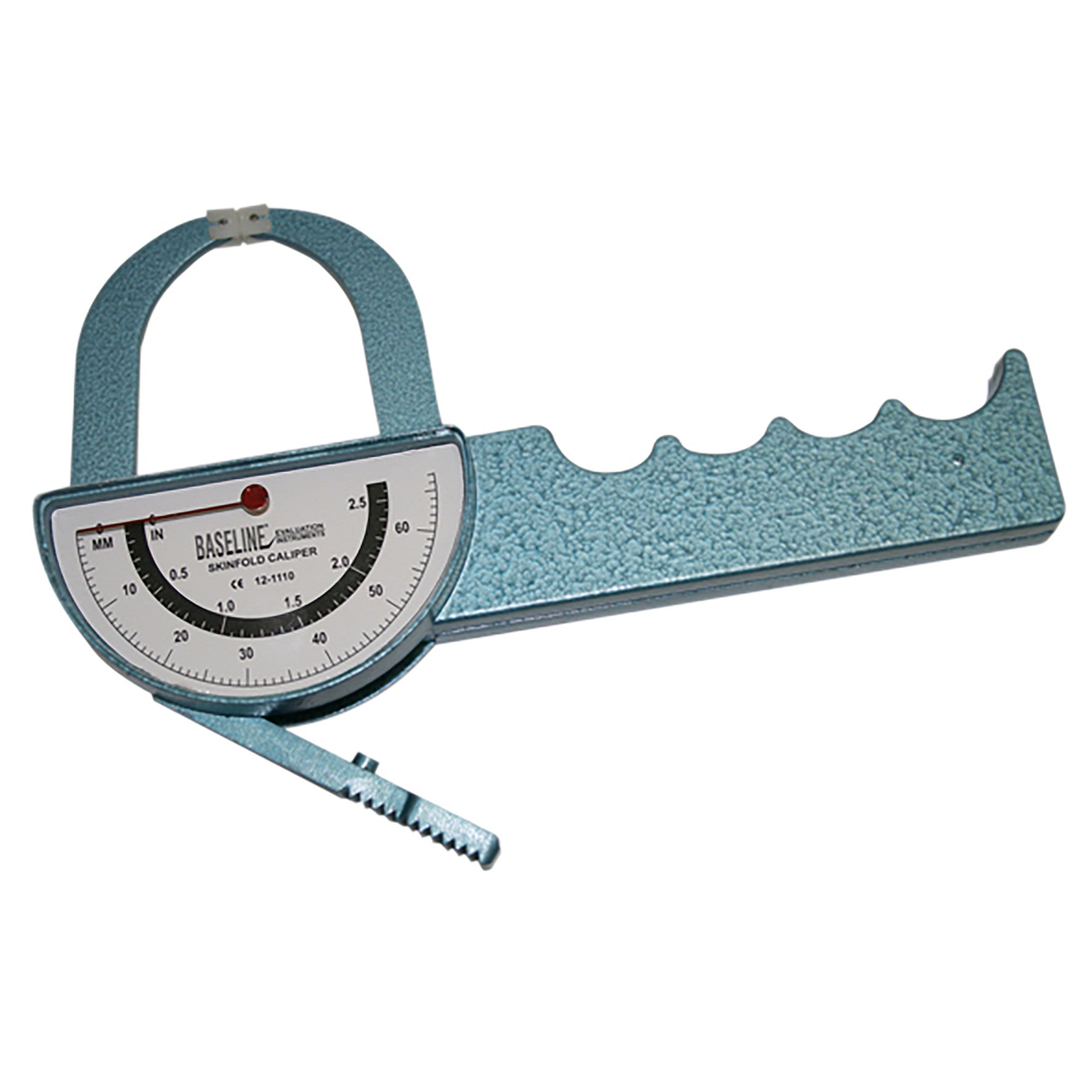 A Baseline Medical Skinfold Caliper with a dial for measuring skinfold thickness in millimeters and inches on a textured handle.