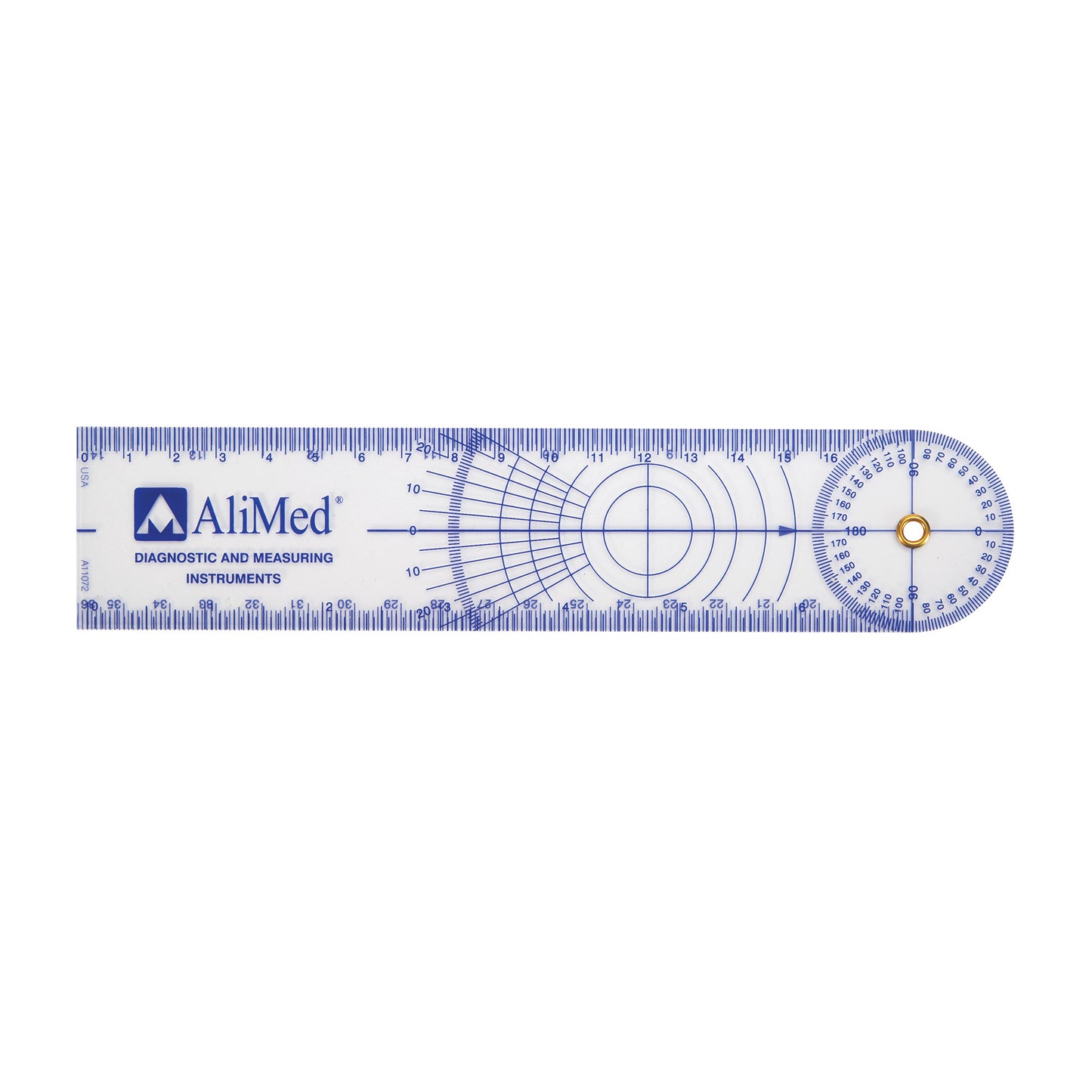 AliMed Personal Rulanglemeter and Goniometer, a transparent measuring tool with protractor, ruler, and angle lines.