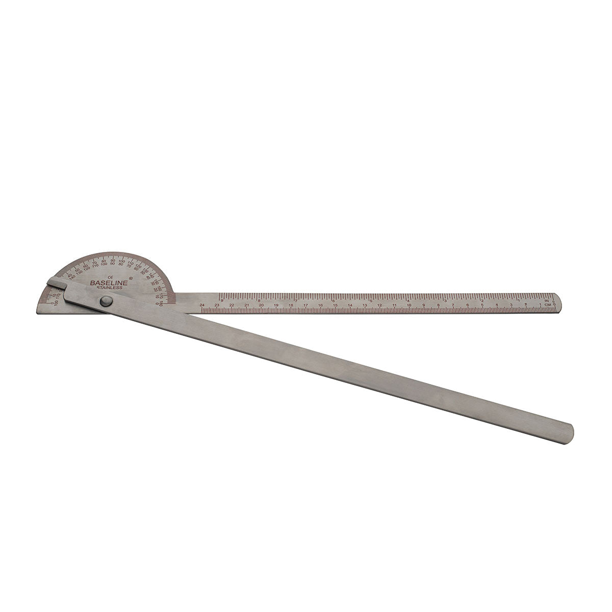 Baseline Conzett Goniometer with a semicircular protractor scale and two arms, one fixed with a ruler, used for measuring angles.