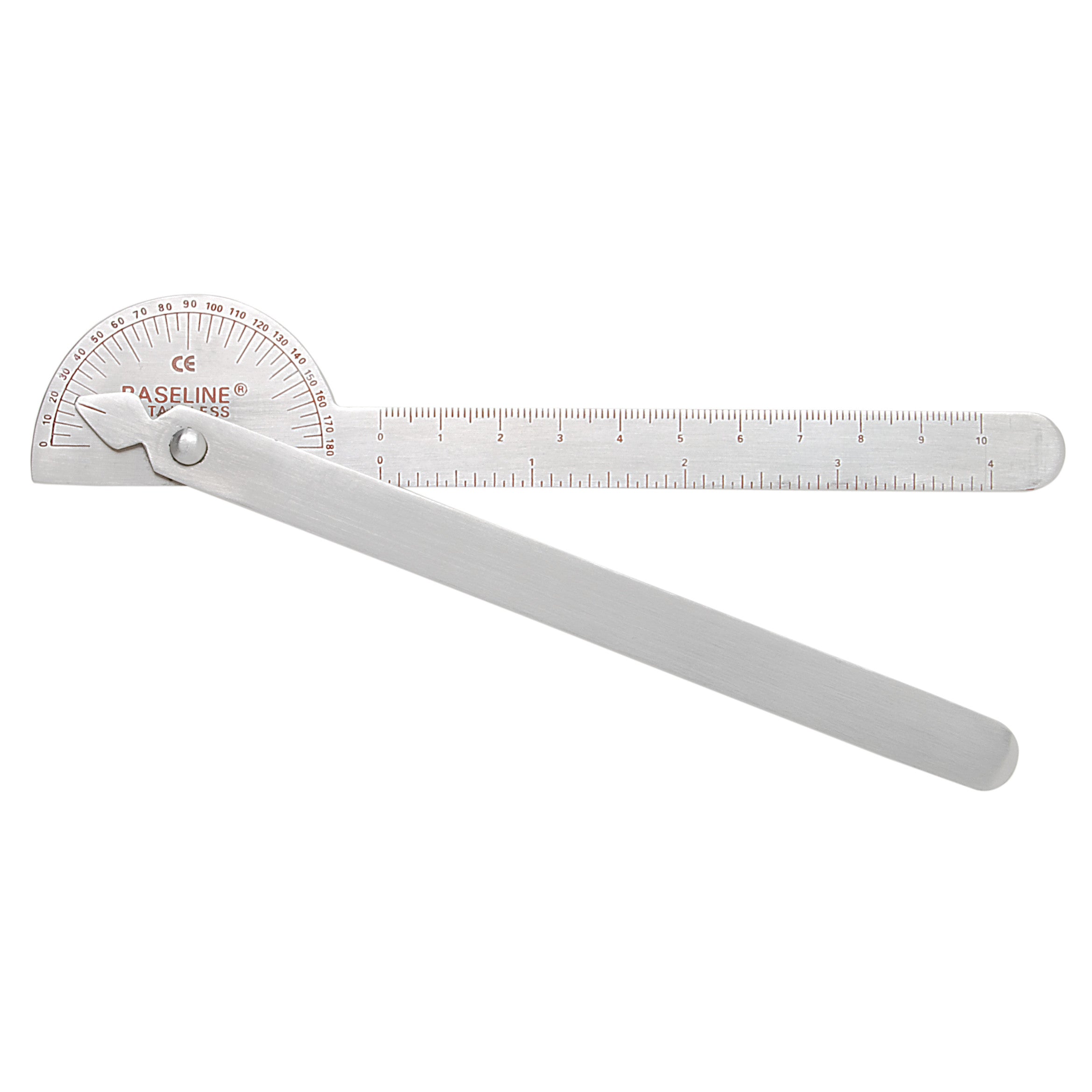 Baseline Robinson Goniometer with stainless steel arms and a protractor for measuring joint angles accurately in degrees.