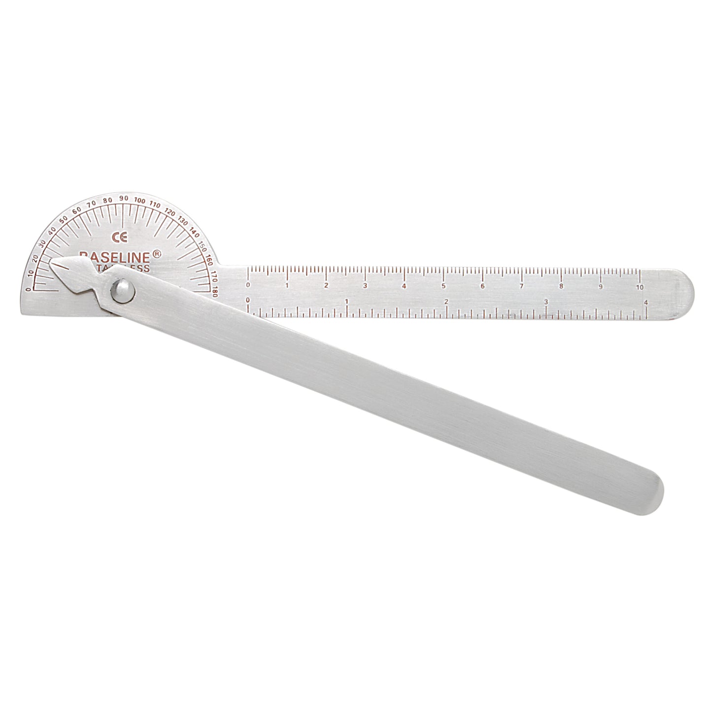 Baseline Robinson Goniometer with stainless steel arms and a protractor for measuring joint angles accurately in degrees.