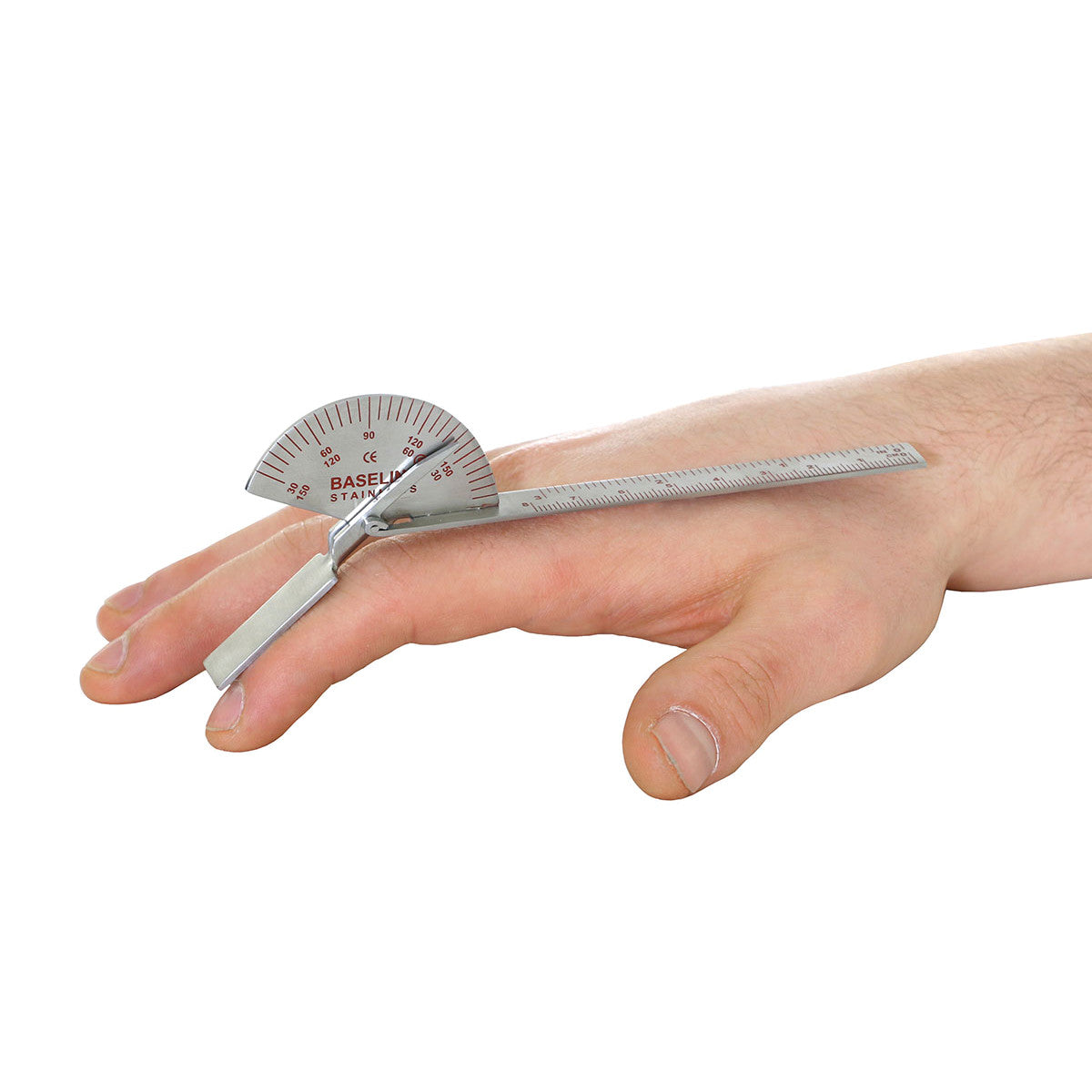 A Baseline Stainless Steel Finger Goniometer measuring finger joint angles on a hand against a white background.
