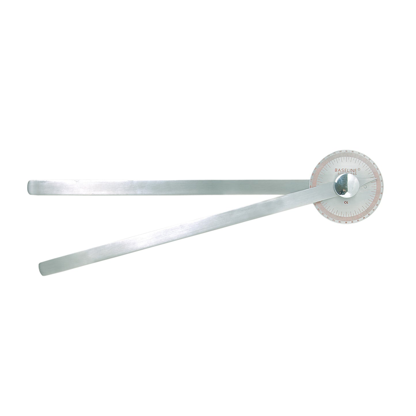 Baseline Goniometer with two long metal arms and a circular protractor, used for measuring joint angles in physical therapy.