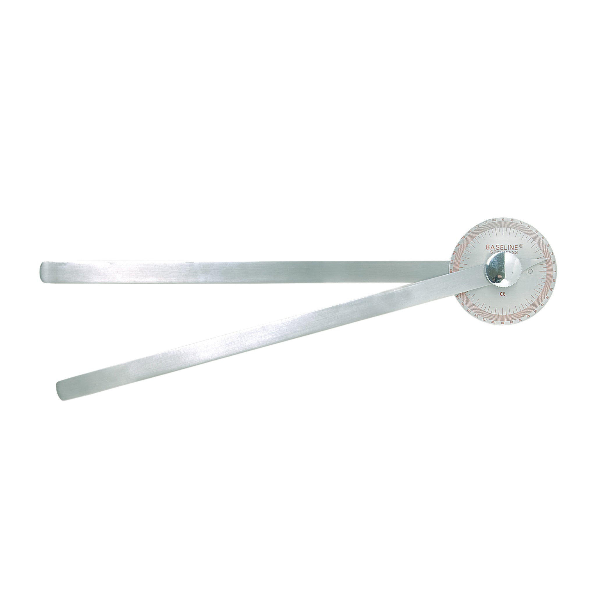 Baseline Goniometer with two long metal arms and a circular protractor, used for measuring joint angles in physical therapy.