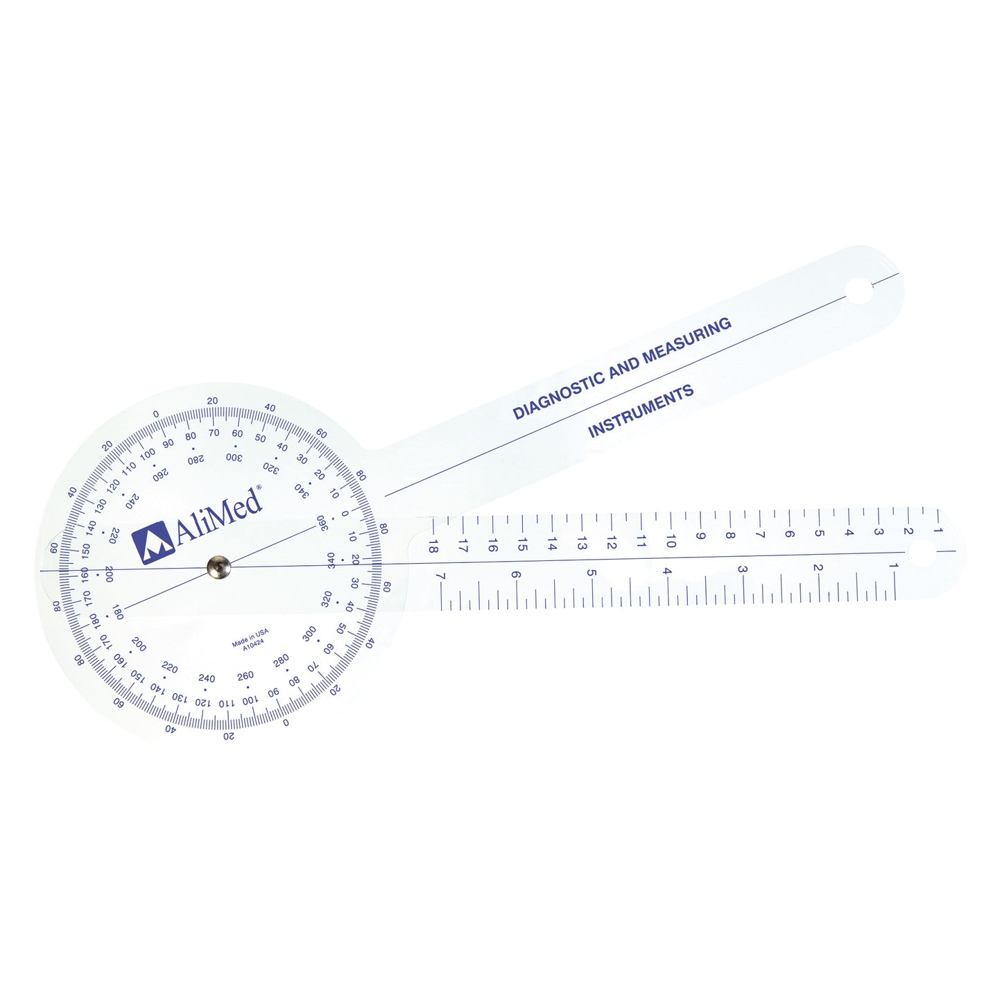 AliMed International Standard Goniometer with a rotating protractor and measuring arms marked with units for diagnostic use.