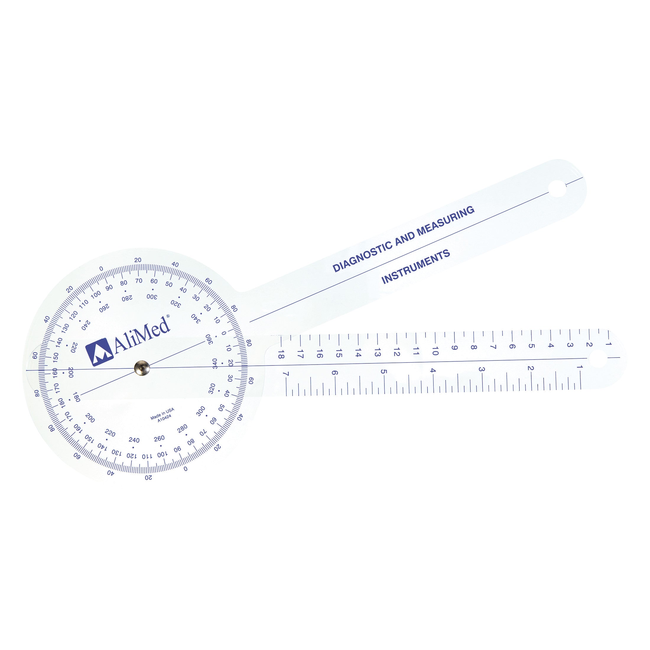 The AliMed International Standard Goniometer features a protractor disc and two arms with measurement markings for diagnostic use.