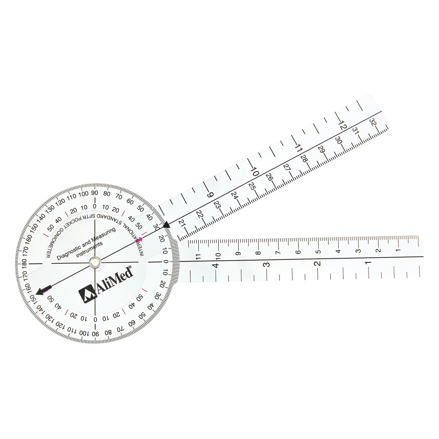The AliMed International Standard Goniometer with two clear measuring arms and a circular degree dial for joint angle assessment.