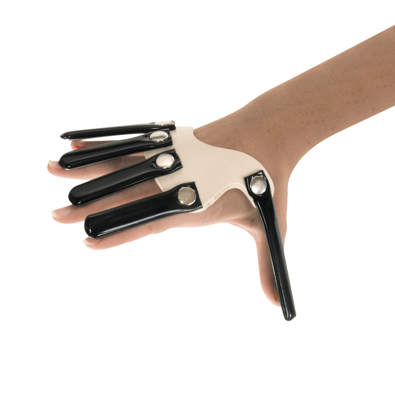 A hand wearing the AliMed Hand-Based Radial Nerve Splint with black metal extensions on each finger and a white base.
