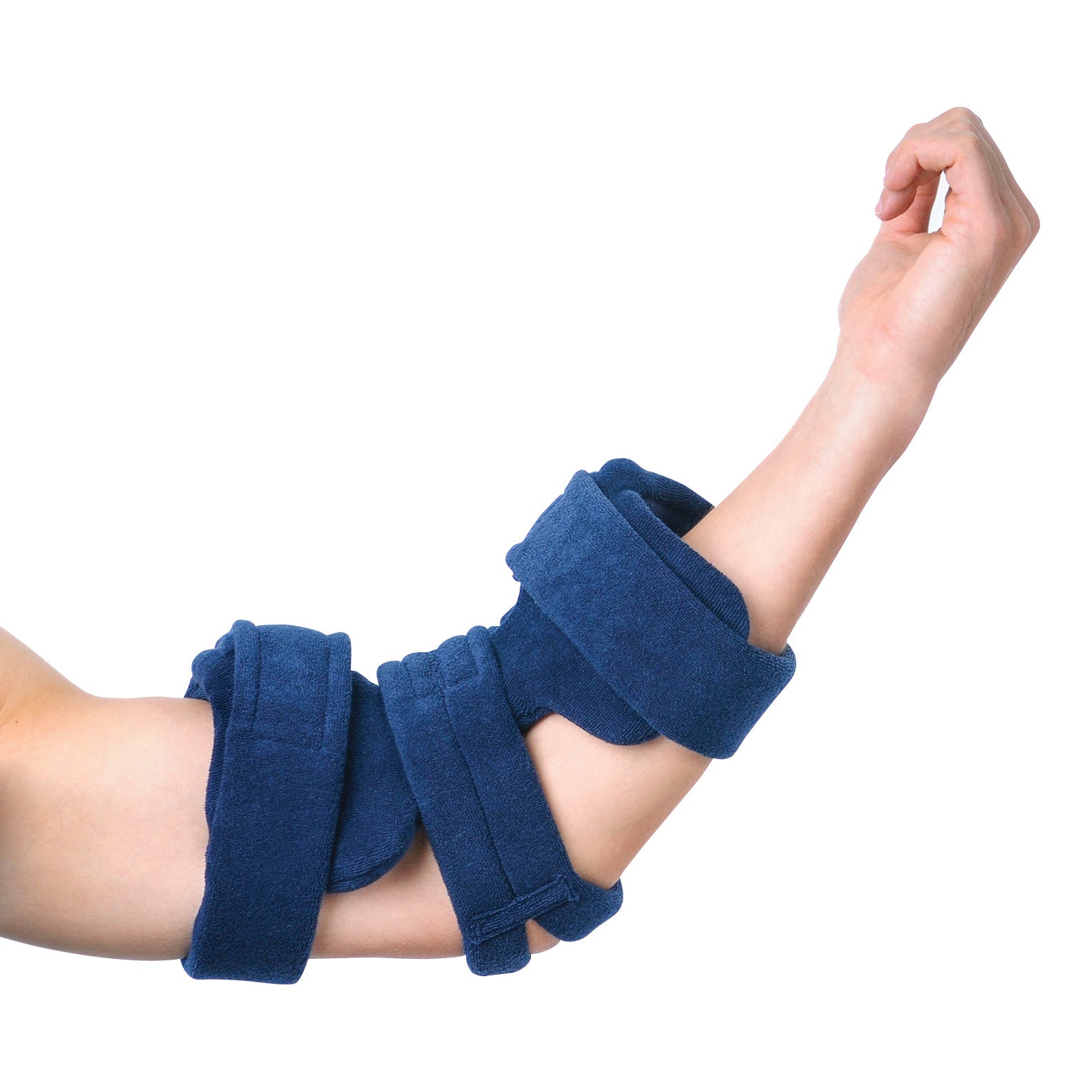 A person's arm wearing the Comfy Splints Adult Standard Elbow Orthosis with two blue terrycloth covers, providing support.