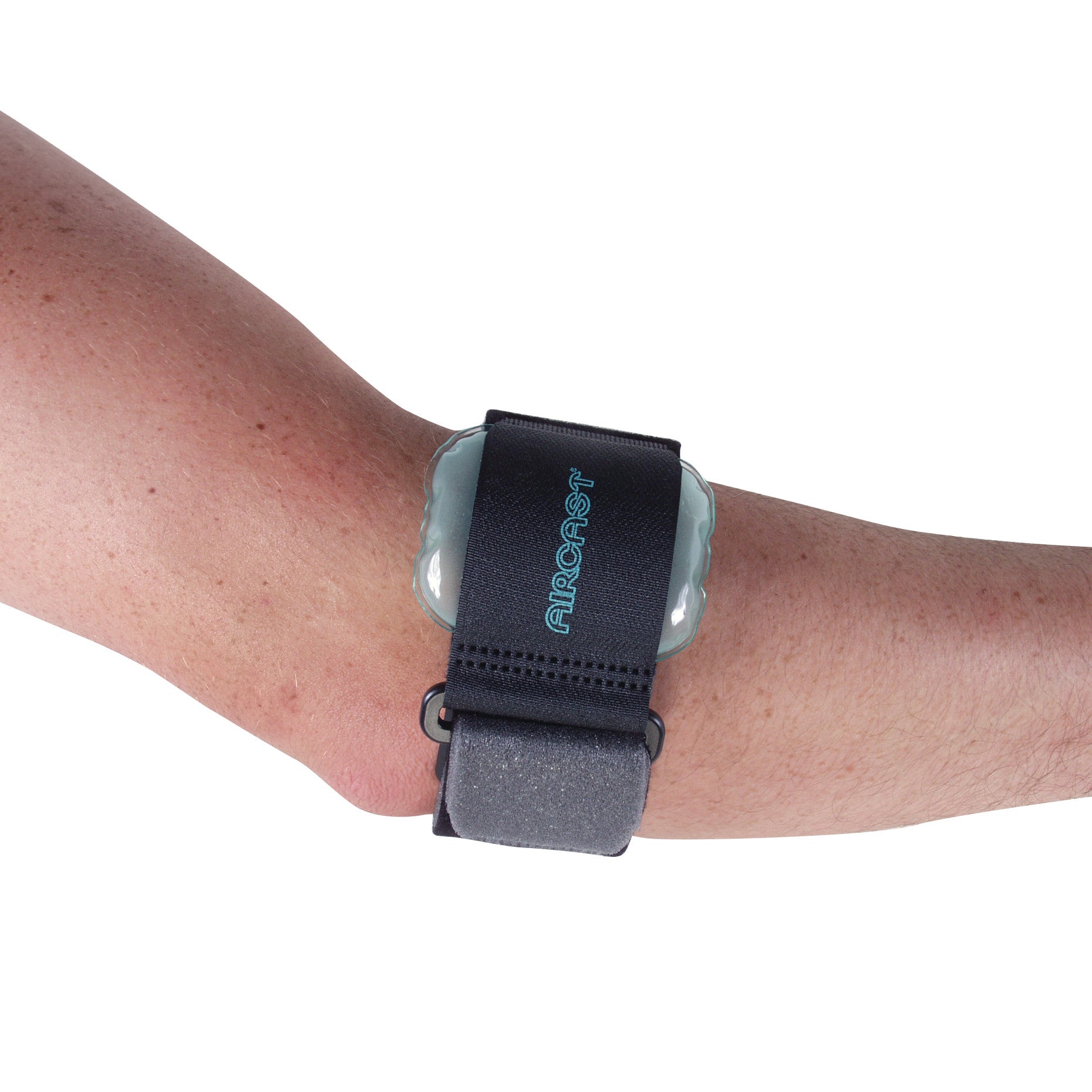 A person's arm wearing an Aircast Tennis Elbow Band, featuring a black adjustable strap and a cushioning pad for support.