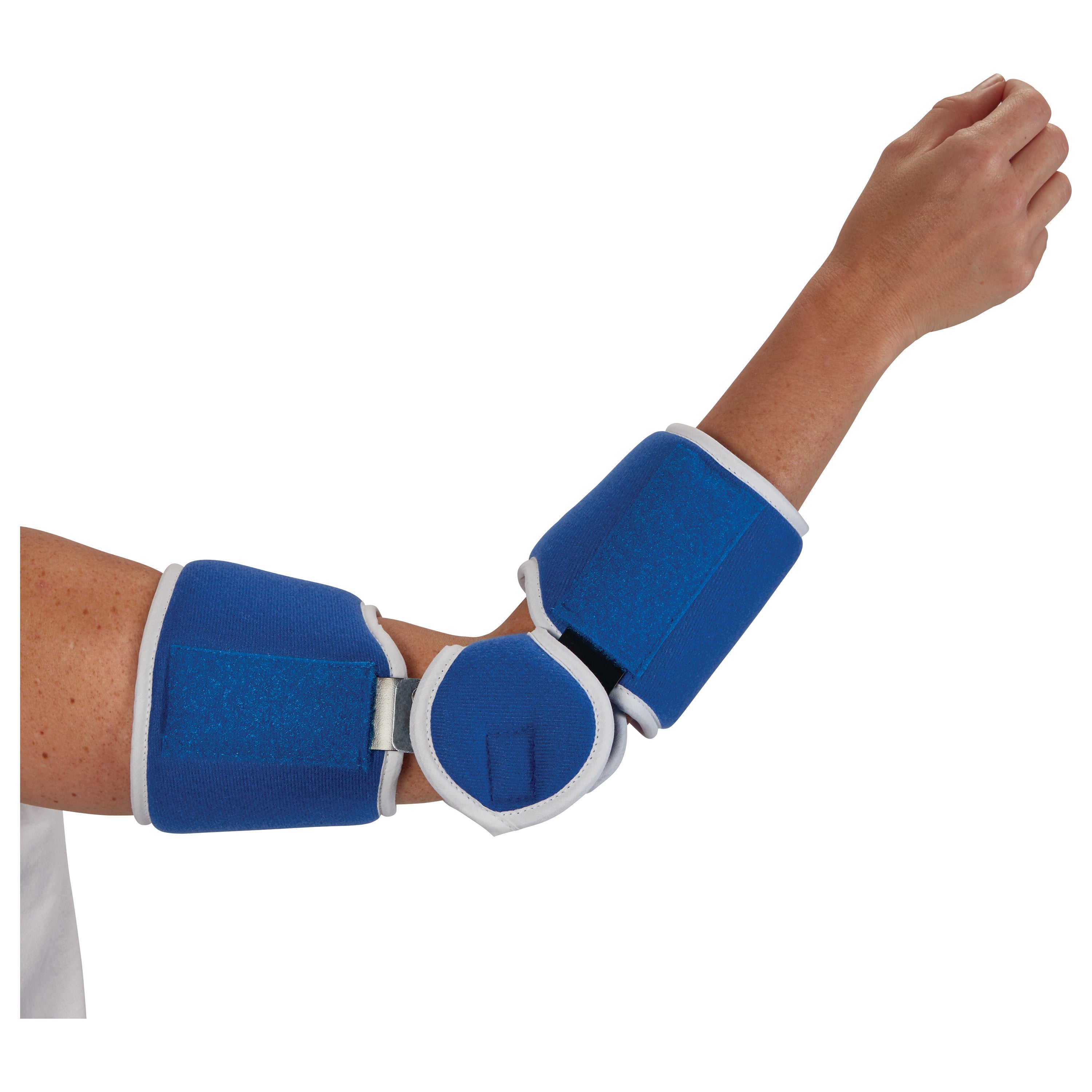 An arm wears the AliMed Easy-On Elbow Brace, a blue brace with white trim, supporting the elbow with adjustable straps.