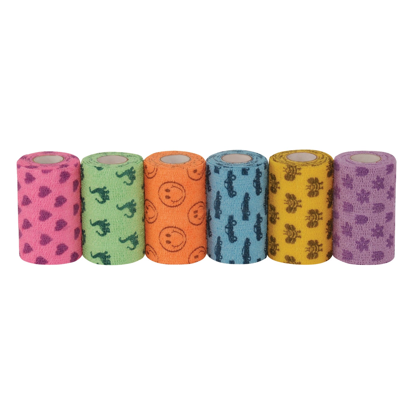 CoFlex NL Flexible Cohesive Bandage rolls in pink, green, orange, blue, yellow, and purple, each with different printed designs.