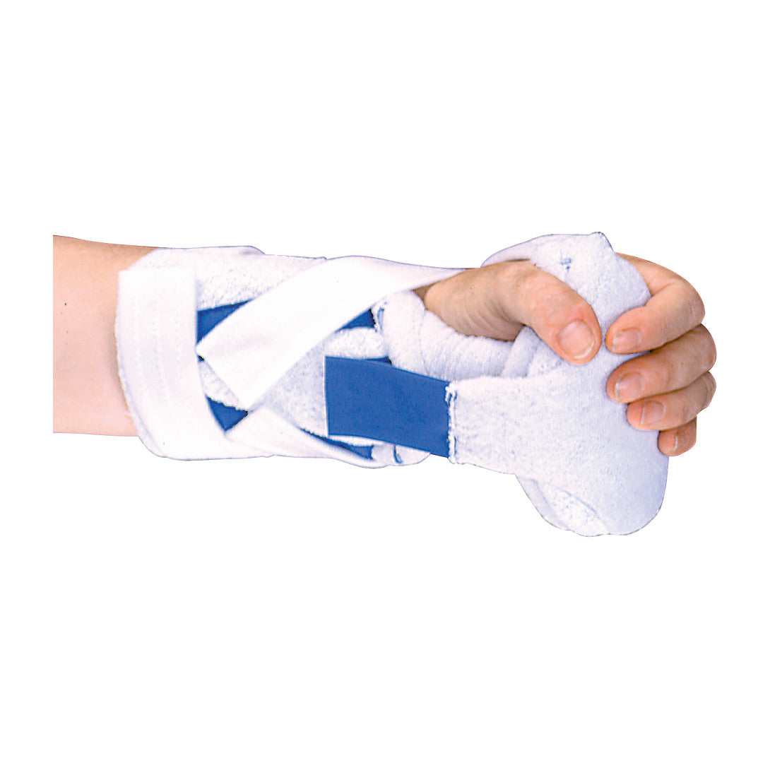 A hand wearing the AliMed Grip Splint II, a white and blue orthopedic support device, securing the wrist and fingers.