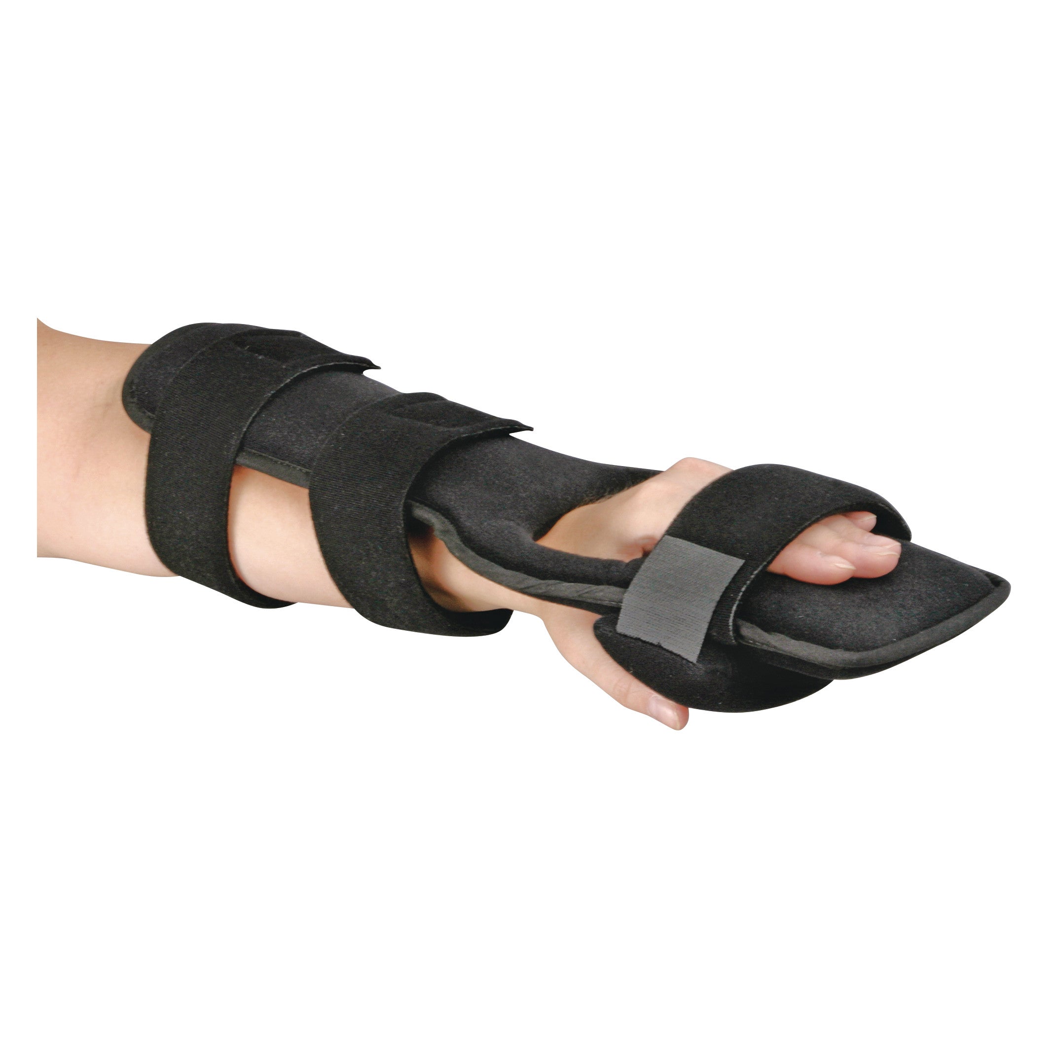 A hand is secured in an AliMed Dorsal Resting Splint with soft black padding and adjustable straps for wrist and finger immobilization.