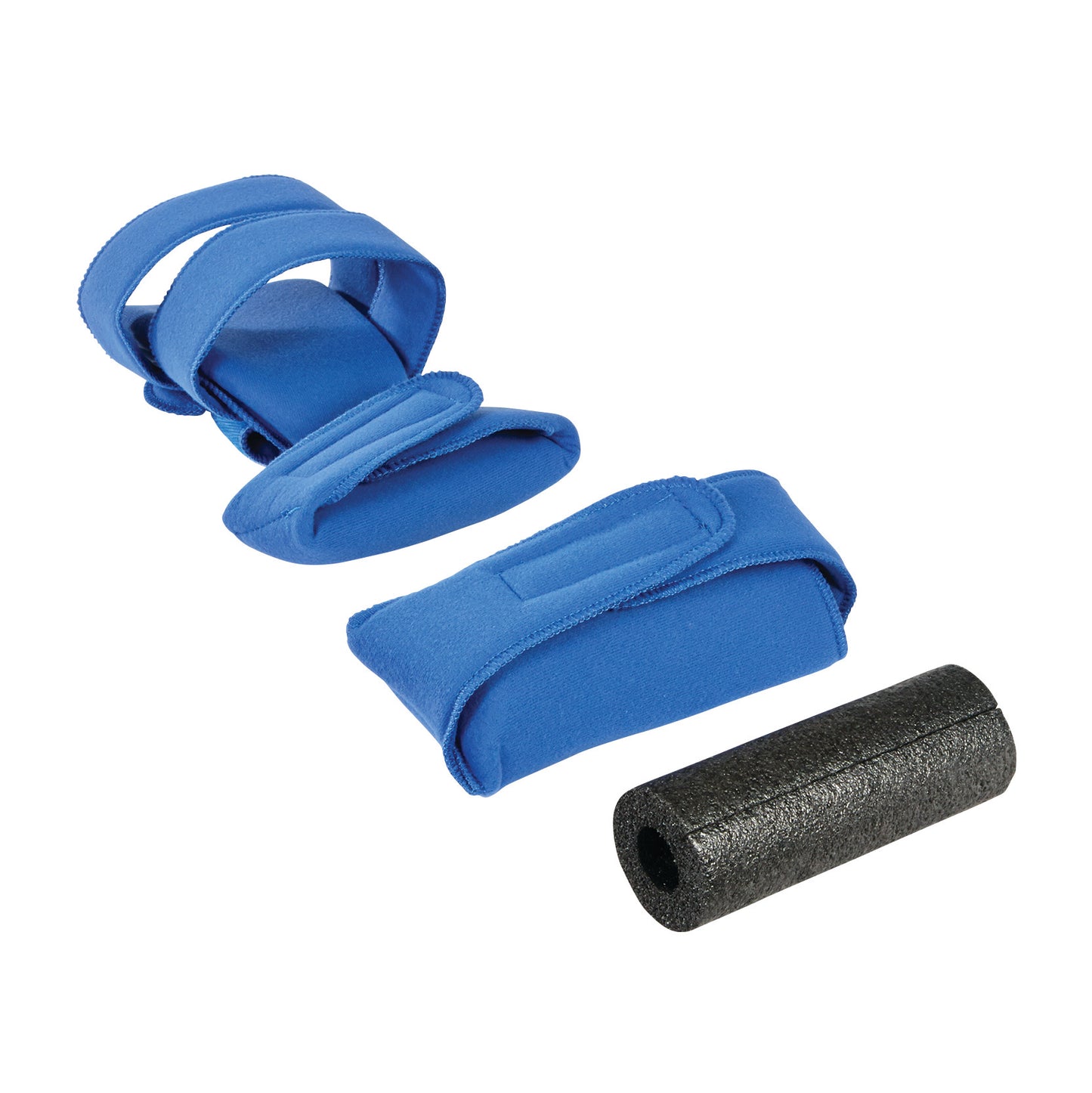 Blue AliMed Grip Splint with adjustable straps and a black foam cylindrical insert for hand support and positioning.