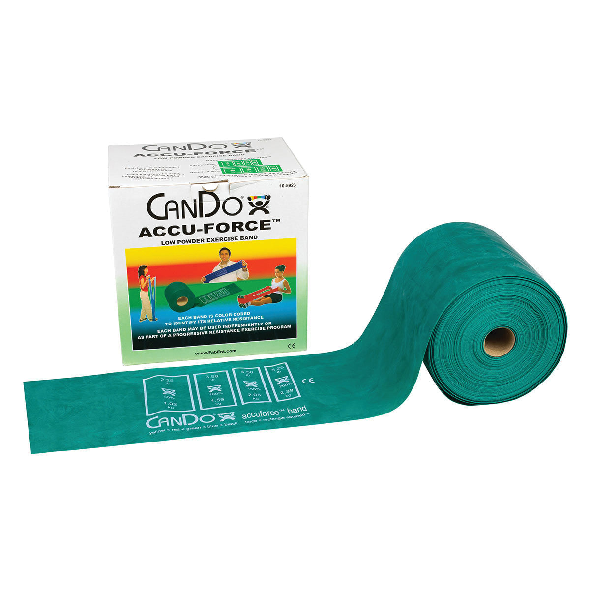 CanDo AccuForce Latex Exercise Band in a roll with its packaging box, featuring illustrations of exercises and product details.