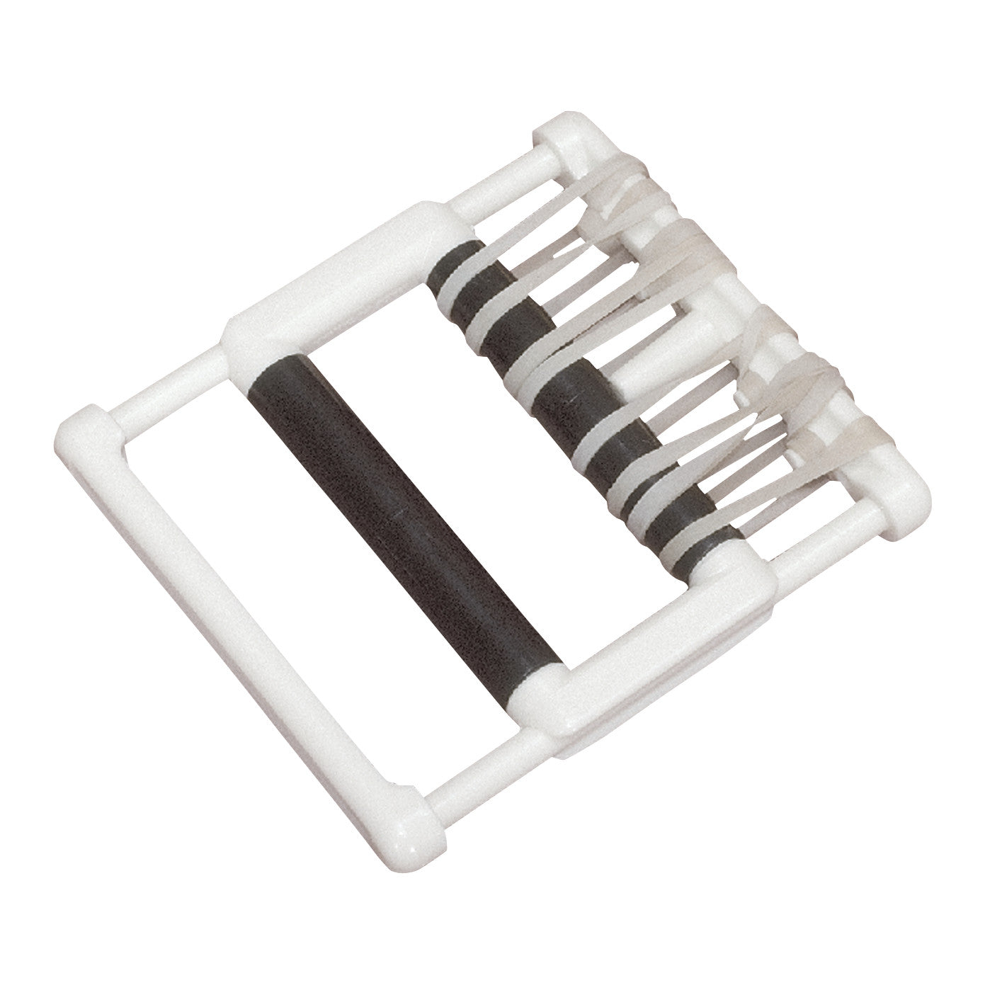 The AliMed Economy Hand Exerciser features a black and white frame with five adjustable resistance straps for hand strengthening.