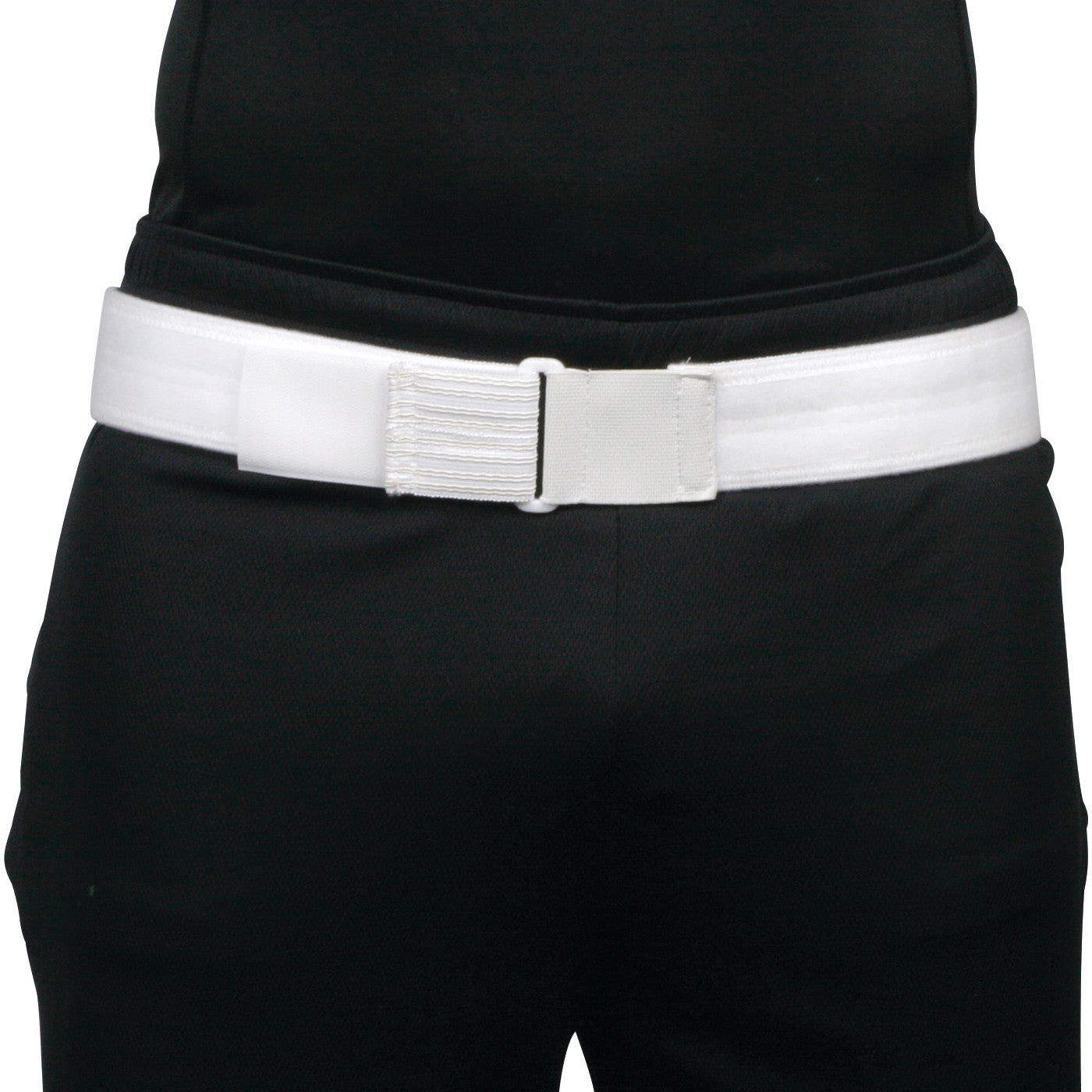 The AliMed SI Belt, a white orthopedic support belt, is worn around the waist, secured with a large elastic fastener.