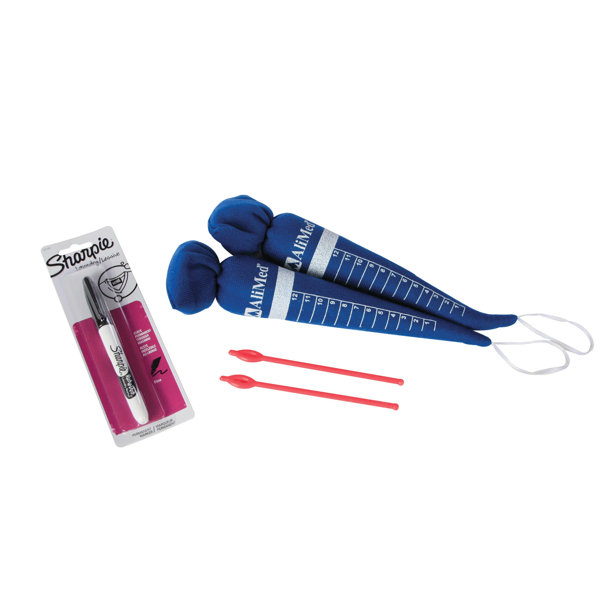 AliMed Antimicrobial-Treated Blue Therapy Carrot Hand Contracture Orthosis Kit with a Sharpie marker set and two red tools.
