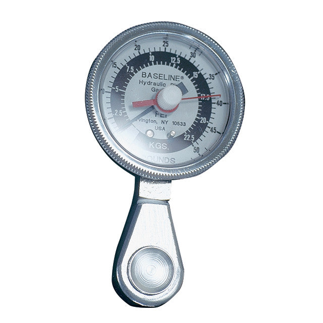 Baseline Hydraulic Pinch Gauge with a dial for measuring grip strength in kilograms and pounds, featuring a sturdy metal design.