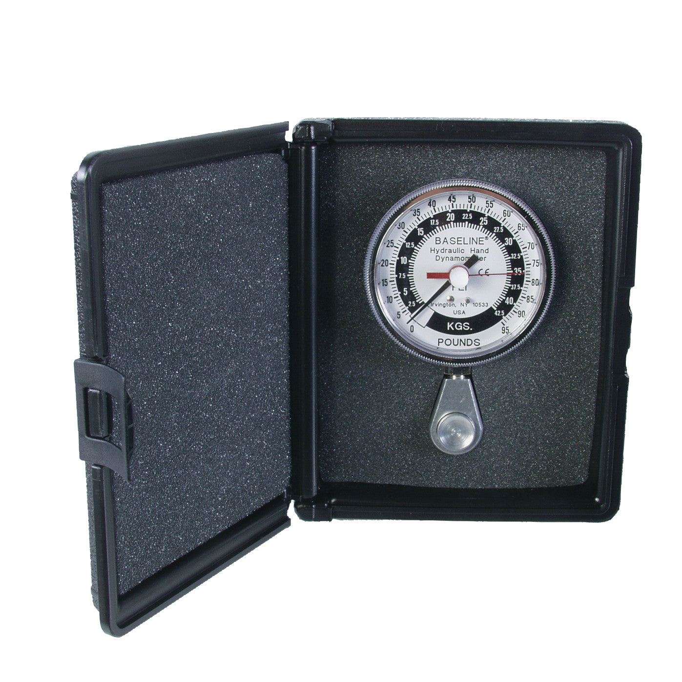 The Baseline Hydraulic Pinch Gauge is in an open black case, displaying a dial measuring pressure in kilograms and pounds.