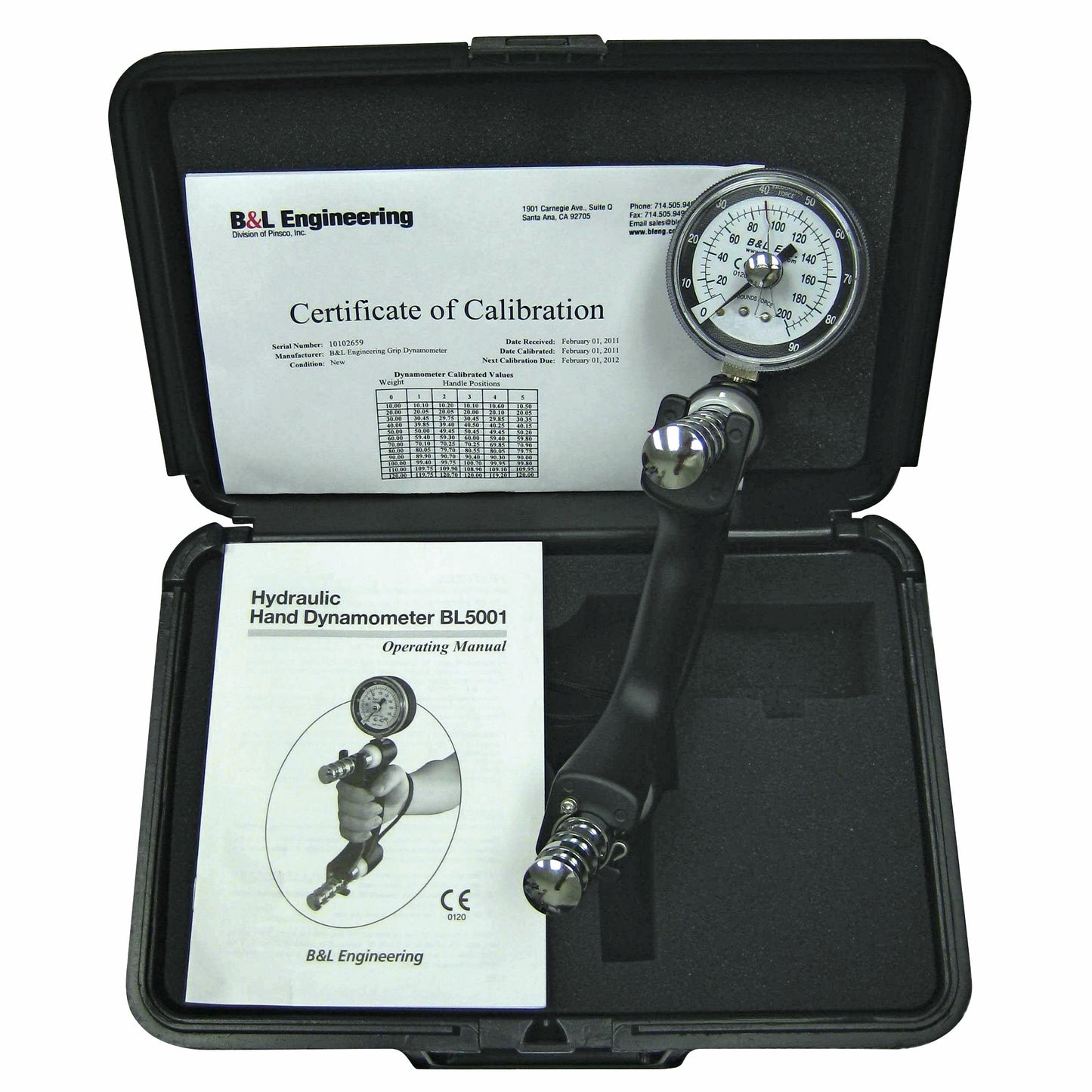 A B&L Engineering Hand Dynamometer with a gauge is in an open case with a Certificate of Calibration and an operating manual.