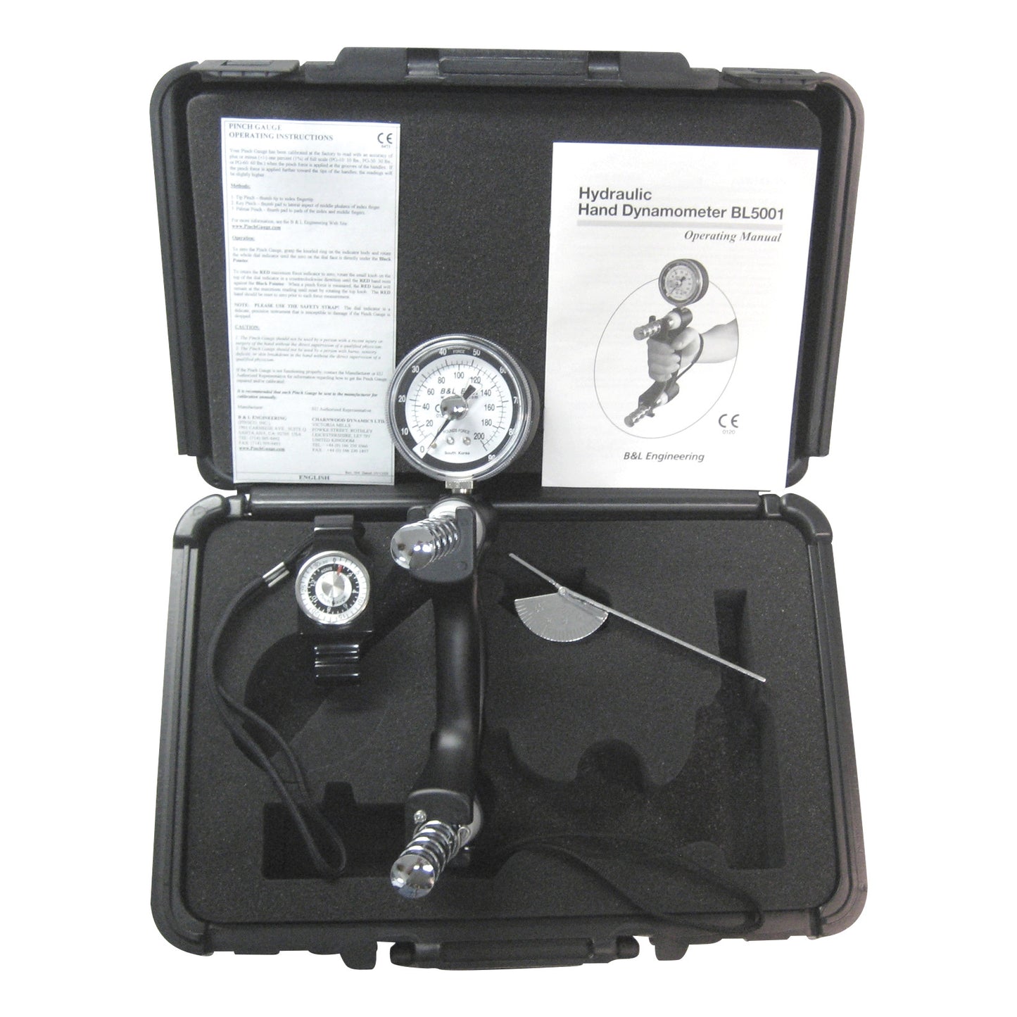 B&L Engineering 3-Piece Hand Evaluation Kit in an open case, featuring a hydraulic hand dynamometer and manuals.