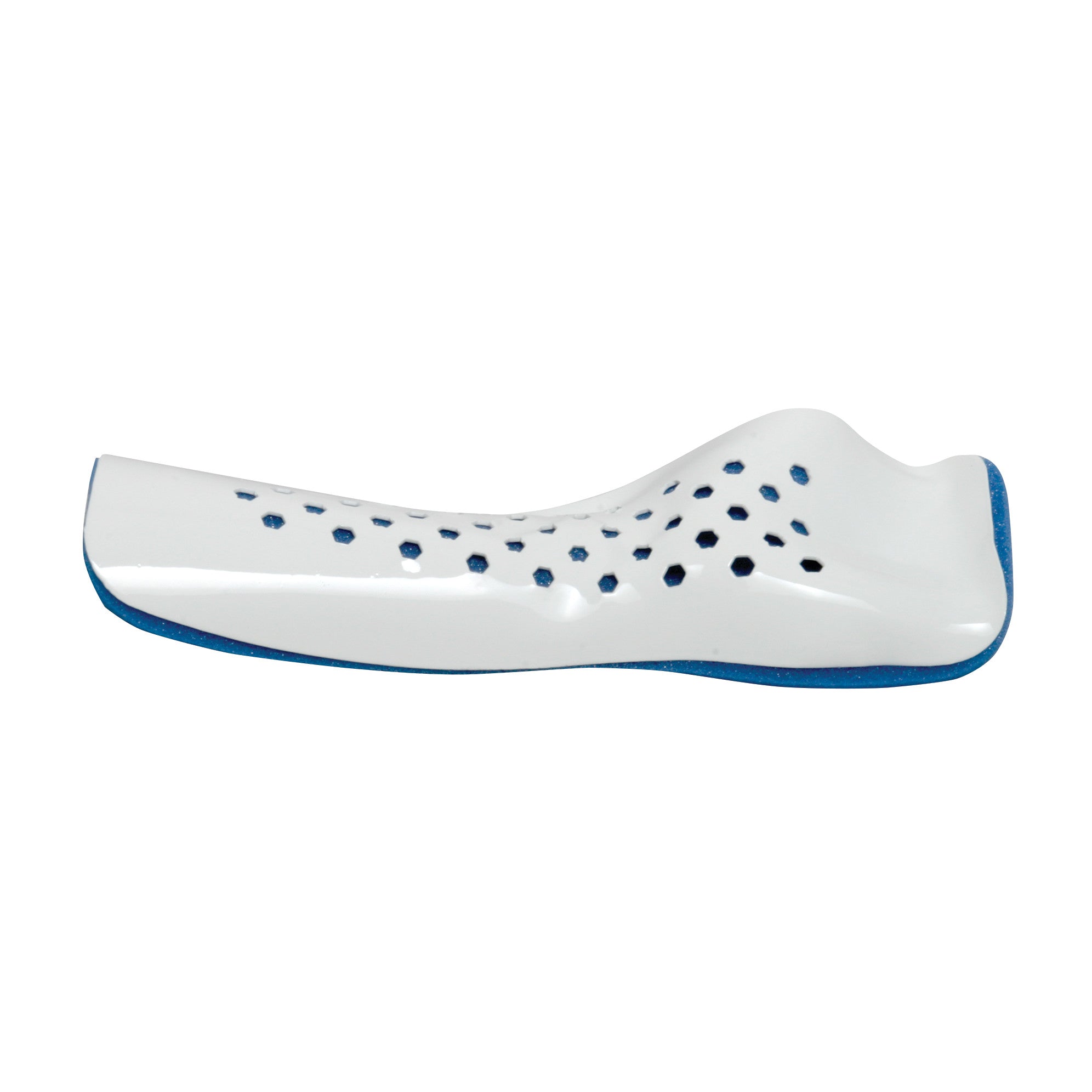 Aluminum Forearm Splint, white with blue edges, featuring hexagonal ventilation holes along the length, shown in a side view.