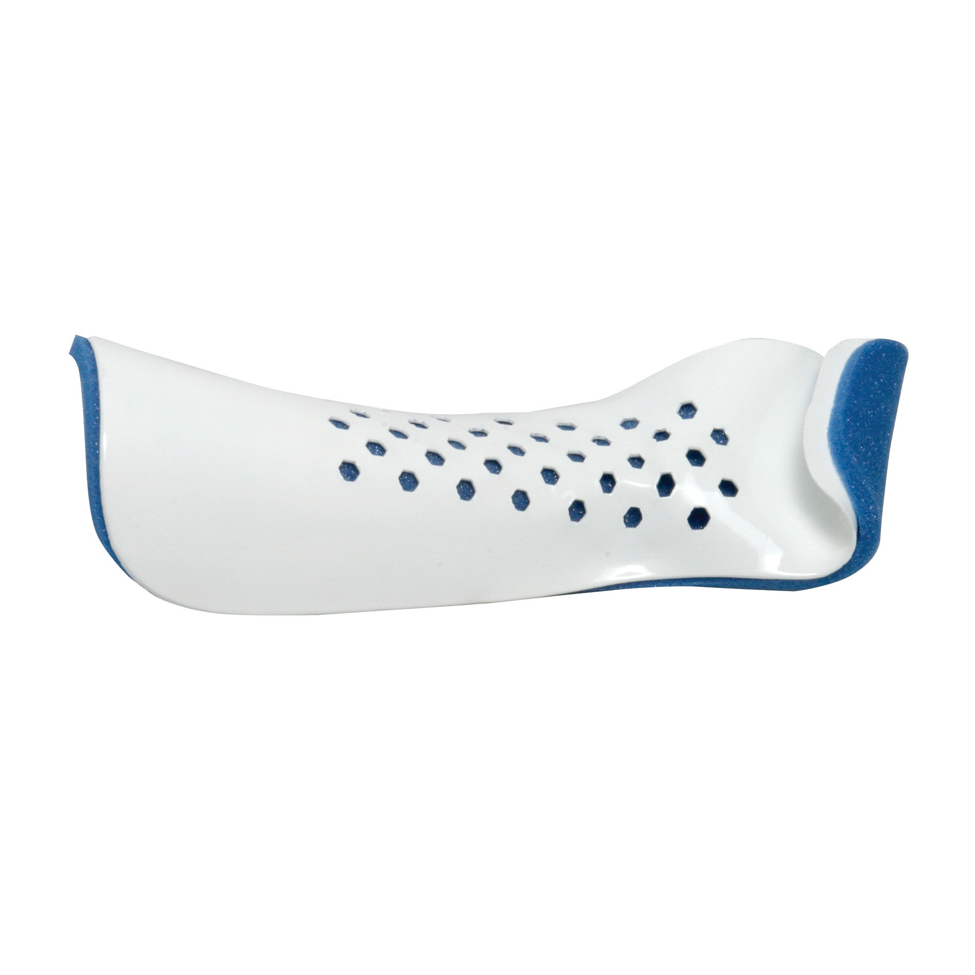 An Aluminum Colles Splint with a blue lining and perforated white exterior, designed for wrist support and immobilization.