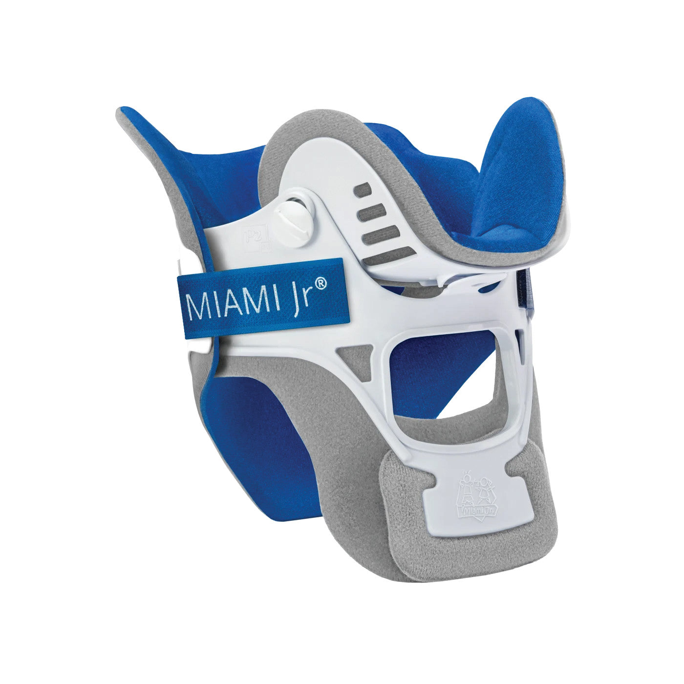 The Miami Jr. Cervical Collar is a blue and gray neck support brace with adjustable straps for stabilization and comfort.