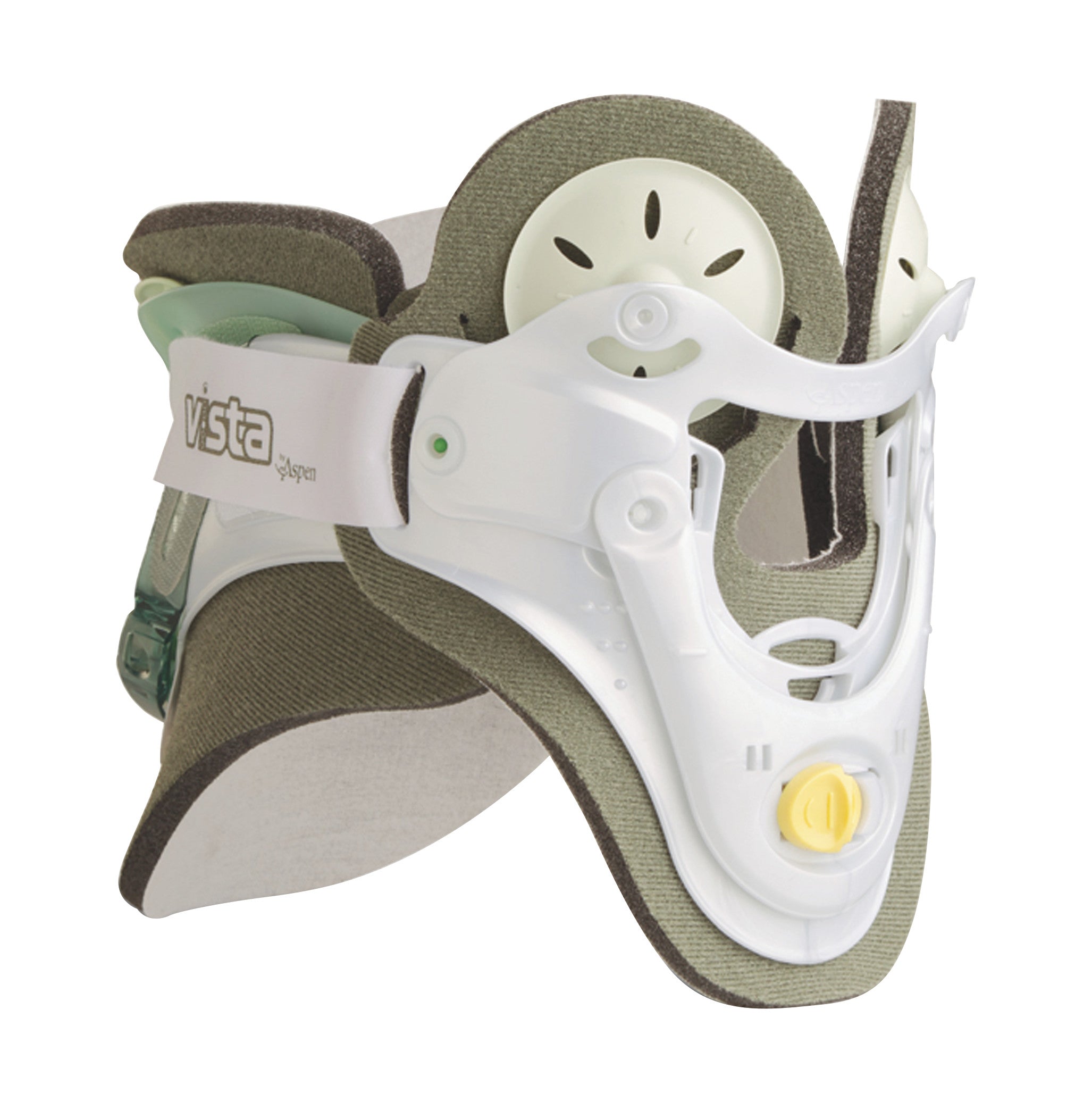 The Vista Multipost Collar is a white and green orthopedic neck brace designed for support and adjustable through Velcro straps.