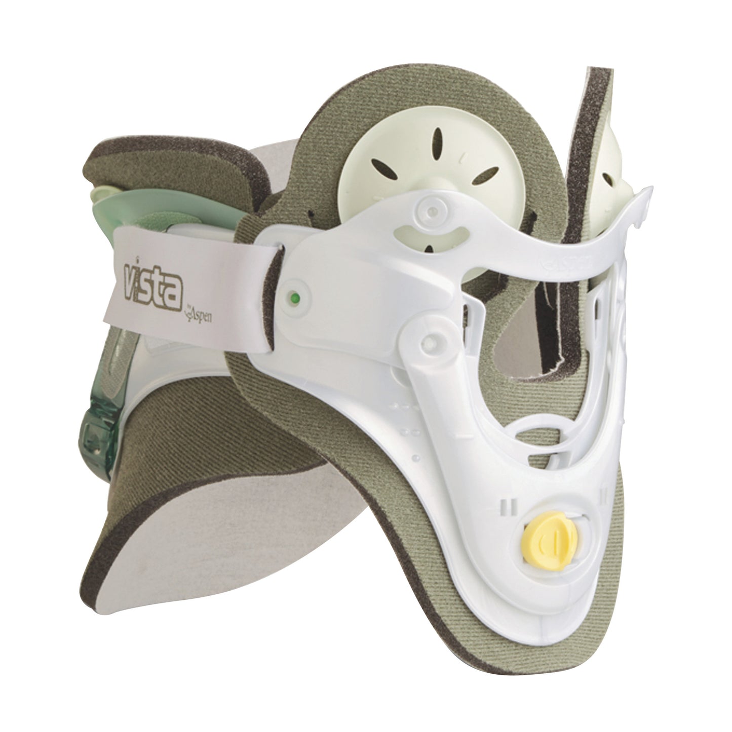 The Vista Multipost Collar is a white and green orthopedic neck brace designed for support and adjustable through Velcro straps.