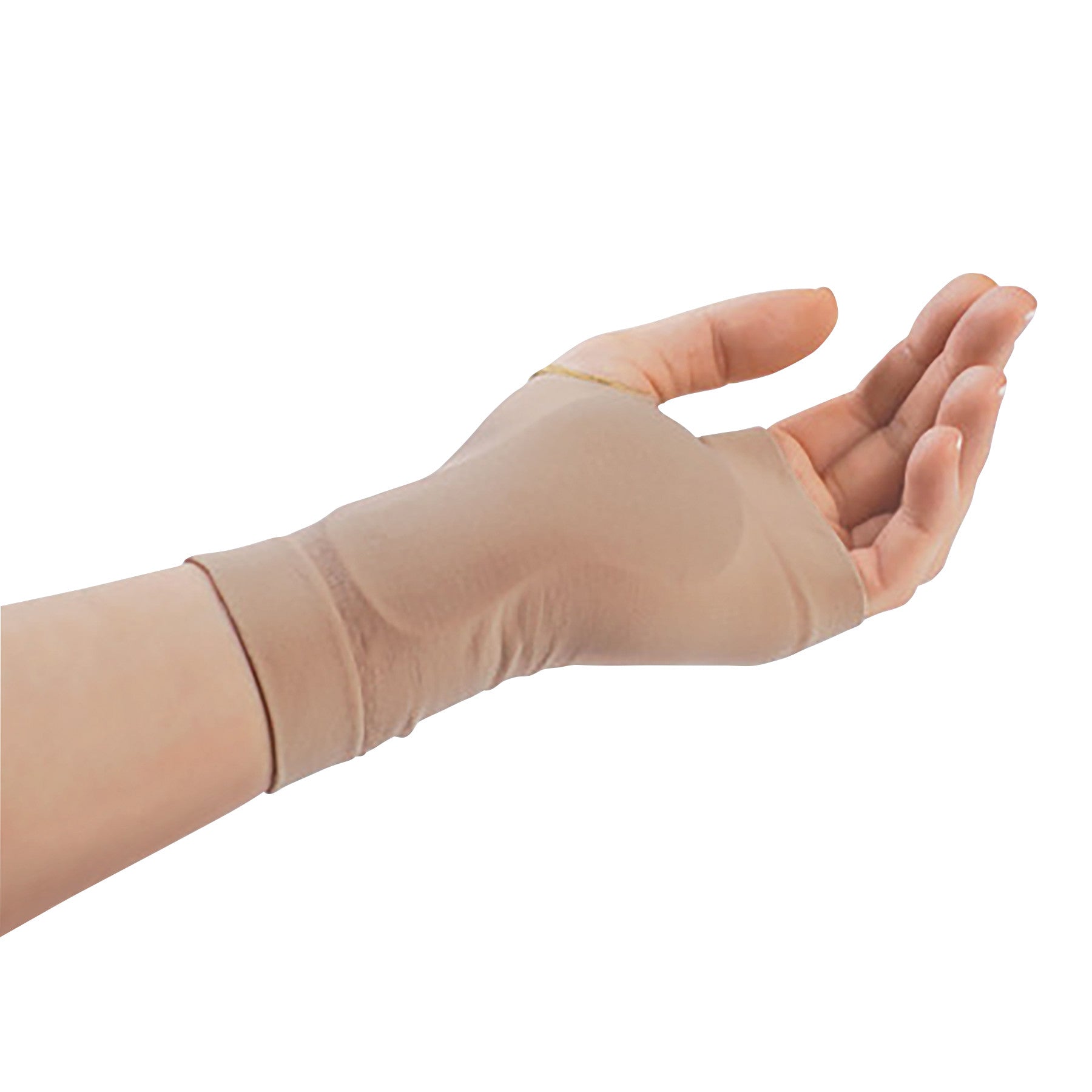 A hand wearing the PediFix Visco-GEL Carpal Tunnel Relief Sleeve. It is beige, covering the wrist and thumb area for support.