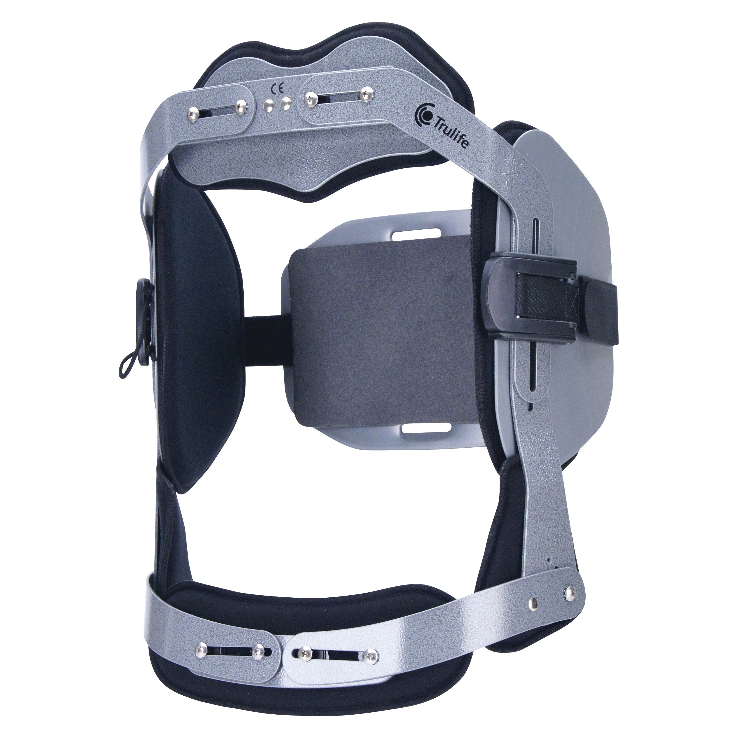 Trulife T37 Hyperextension Spinal Orthosis, a grey and black back brace with adjustable metal and foam padding for spinal support.