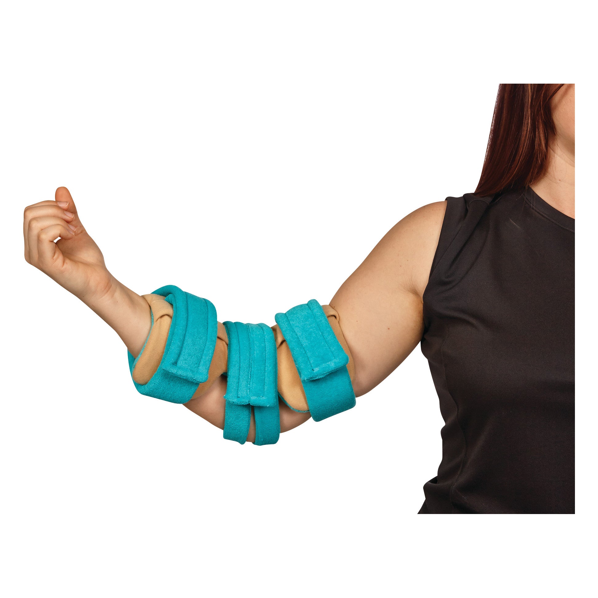 A person wearing an AliMed ULTRApadded Elbow Orthosis with blue padding on their arm, demonstrating its use.