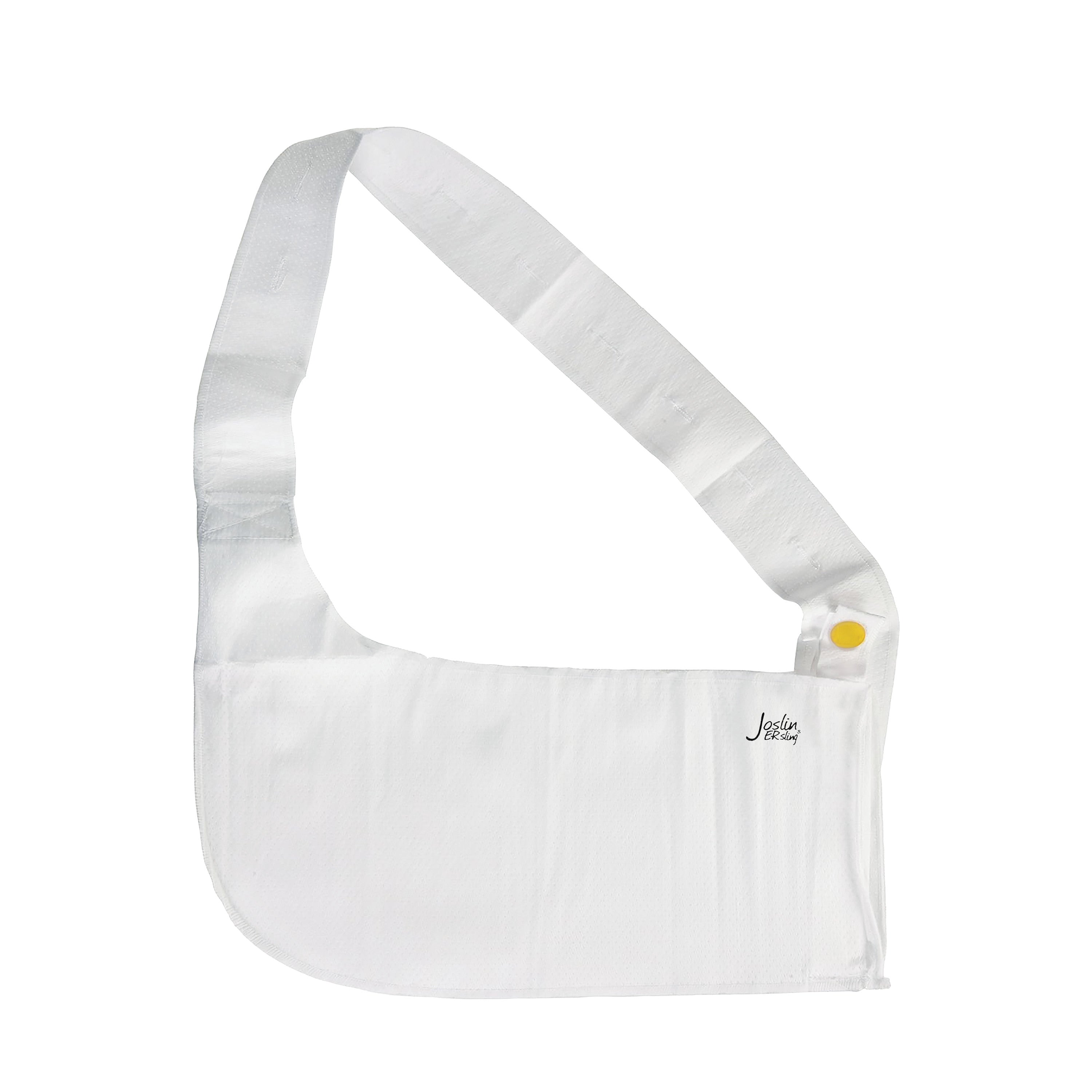 The Brownmed Joslin ER Sling is a white, padded arm support with a shoulder strap featuring a yellow button for adjustments.