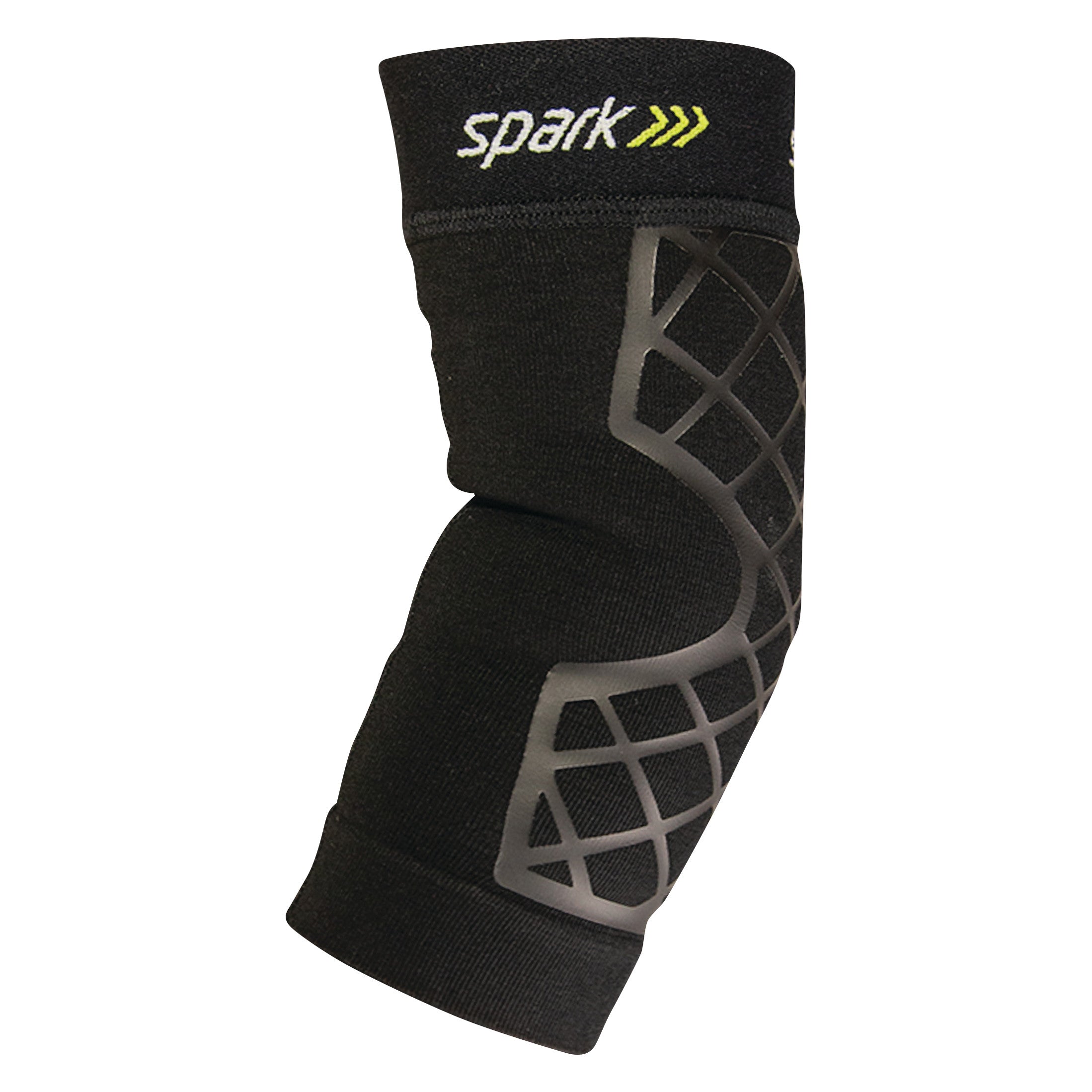 The BrownMed Spark Kinetic Elbow Sleeve is a black compression sleeve with a grid pattern, designed for support and protection.